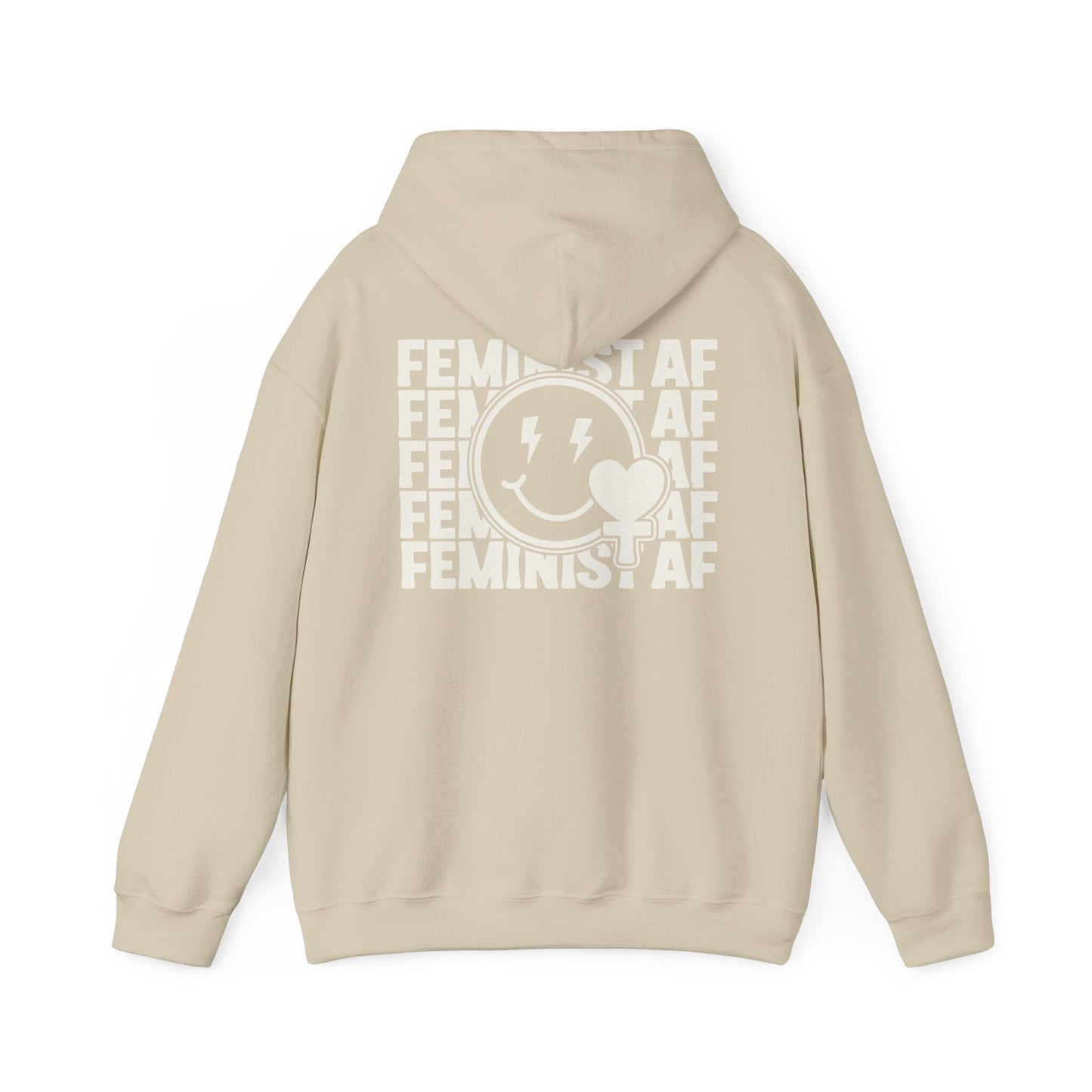 Feminist Hoodie, Smiling Face Lightning Bolts, Feminist AF Social Justice Sweatshirt Hoodie Printify S Sand