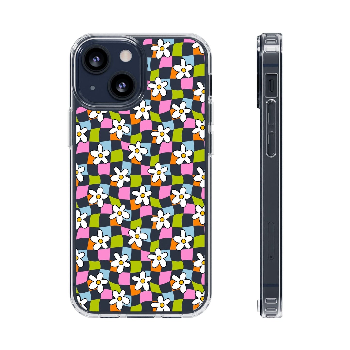 Trendy y2k Aesthetic iPhone Cases, Clear Phone Case • Checkered Daisy Phone Case Designed to fit most iPhone and Samsung Models Phone Case Printify iPhone 13 Mini Without gift packaging