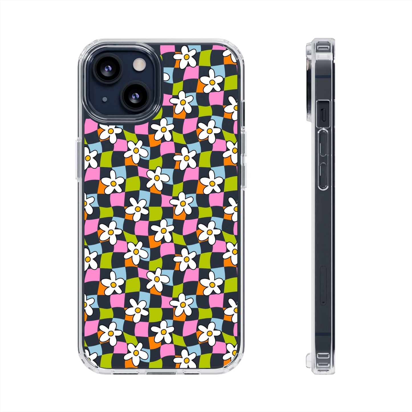 Trendy y2k Aesthetic iPhone Cases, Clear Phone Case • Checkered Daisy Phone Case Designed to fit most iPhone and Samsung Models Phone Case Printify iPhone 13 Without gift packaging