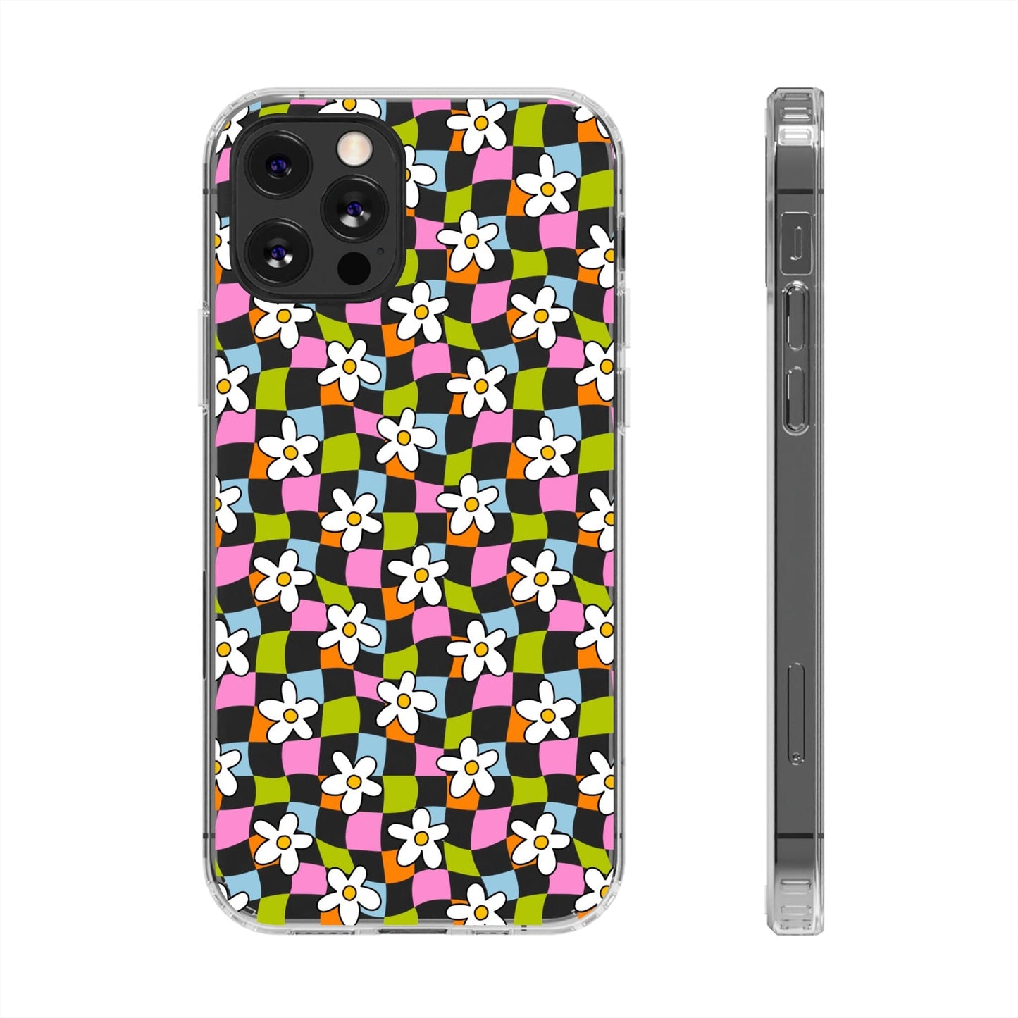 Trendy y2k Aesthetic iPhone Cases, Clear Phone Case • Checkered Daisy Phone Case Designed to fit most iPhone and Samsung Models Phone Case Printify iPhone 12 Pro Without gift packaging
