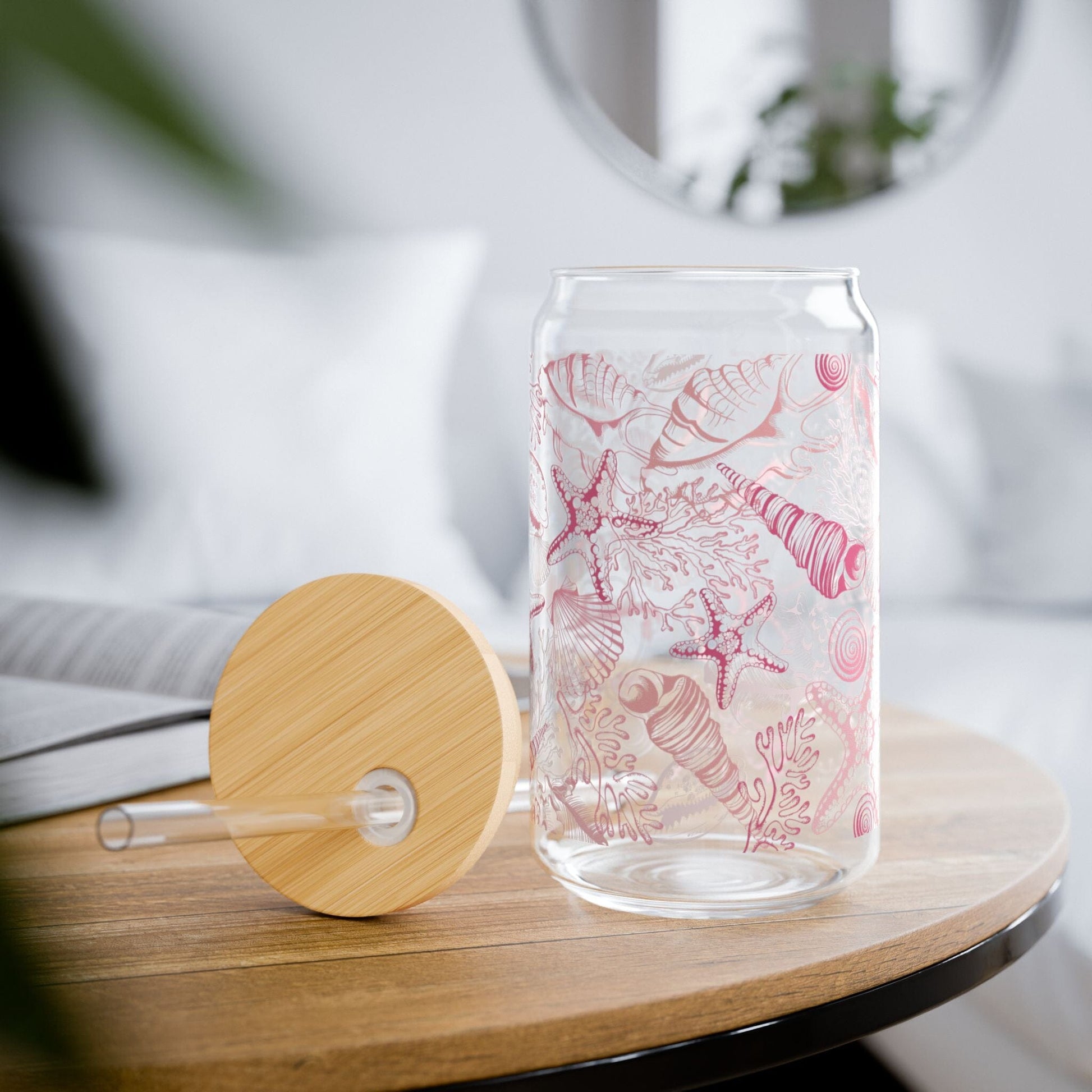 Beachy Shells Sipper Glass - 16oz, Eco-friendly Drinkware for Summer Parties and Coastal Vibes Mug Printify