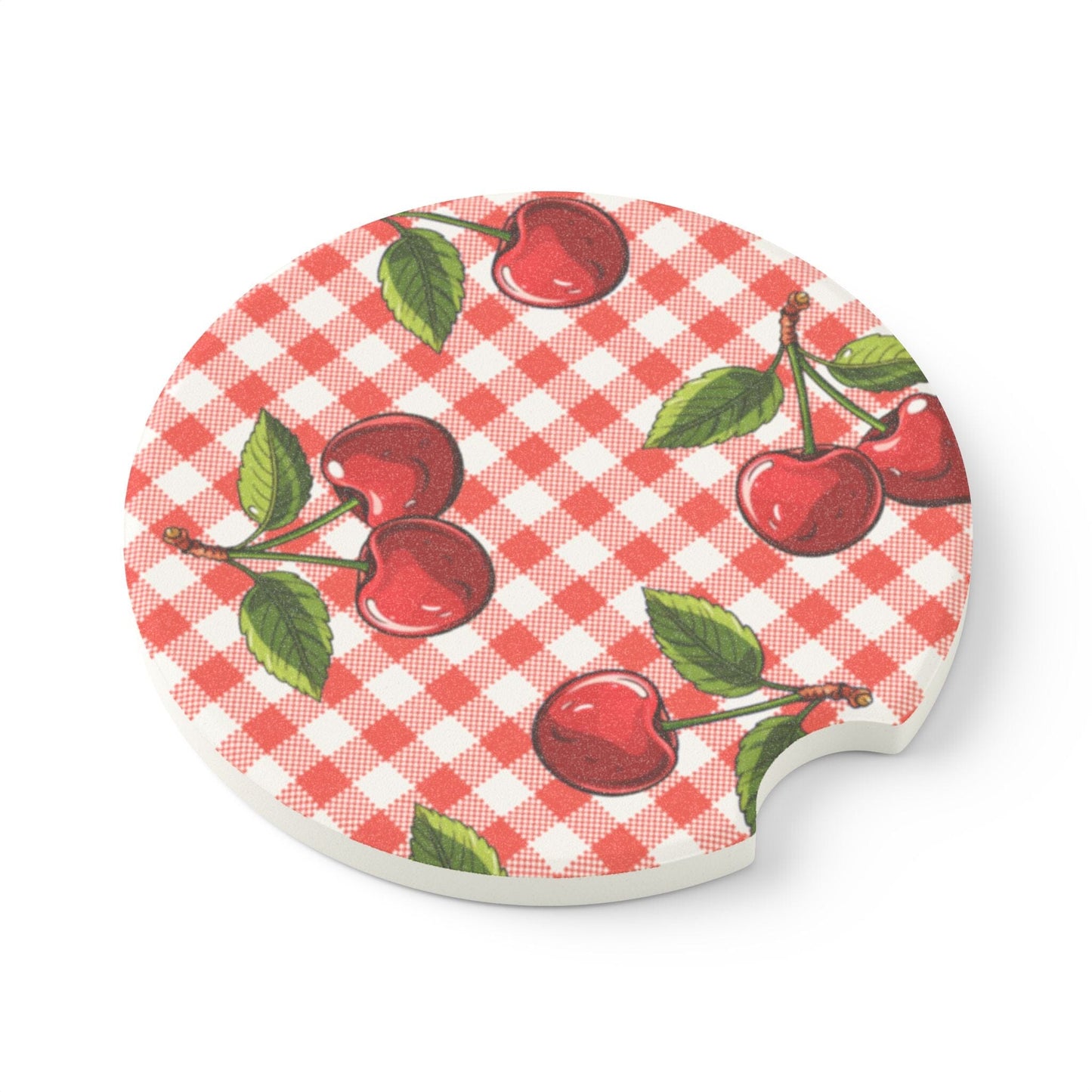 Checkered Cherries Car Coaster, Summer Fruit Car Decor • Cute Car Accessories Home Decor Printify