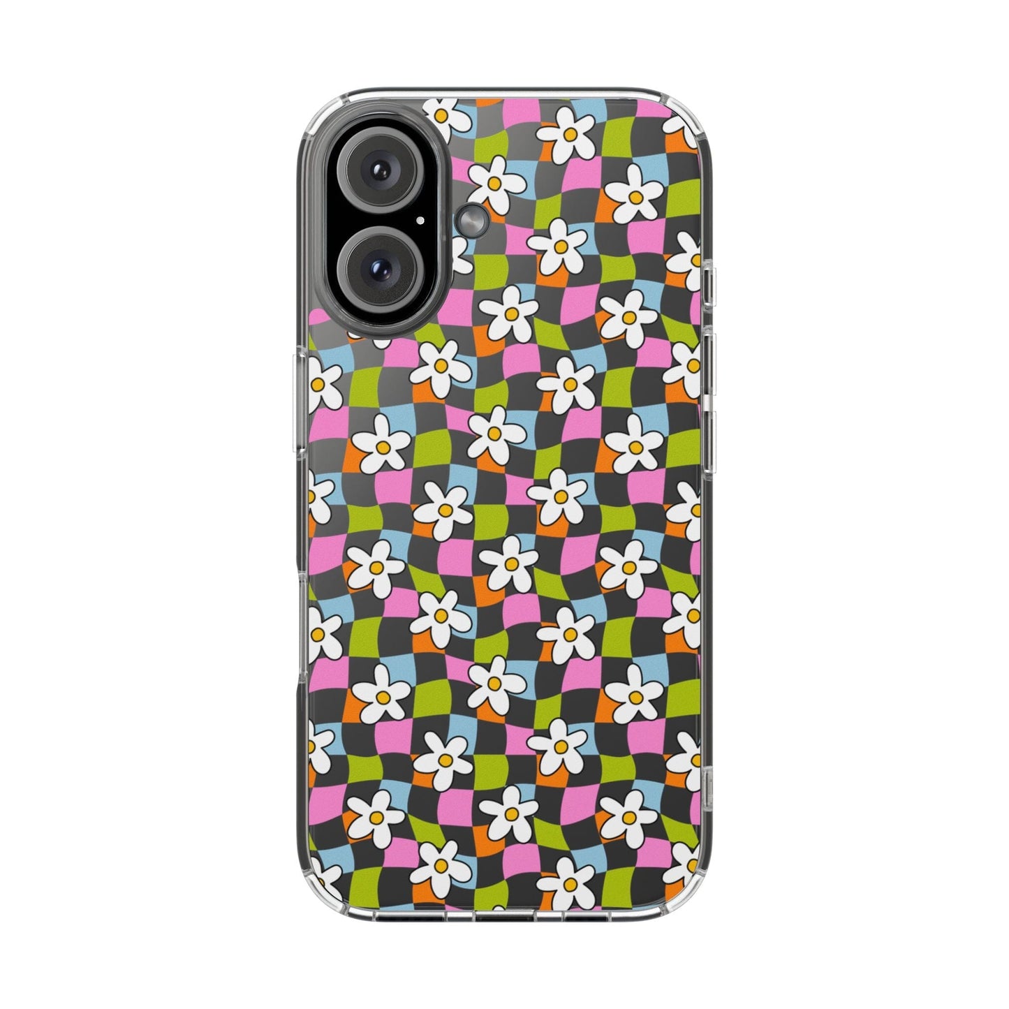 Trendy y2k Aesthetic iPhone Cases, Clear Phone Case • Checkered Daisy Phone Case Designed to fit most iPhone and Samsung Models Phone Case Printify iPhone 16 Without gift packaging