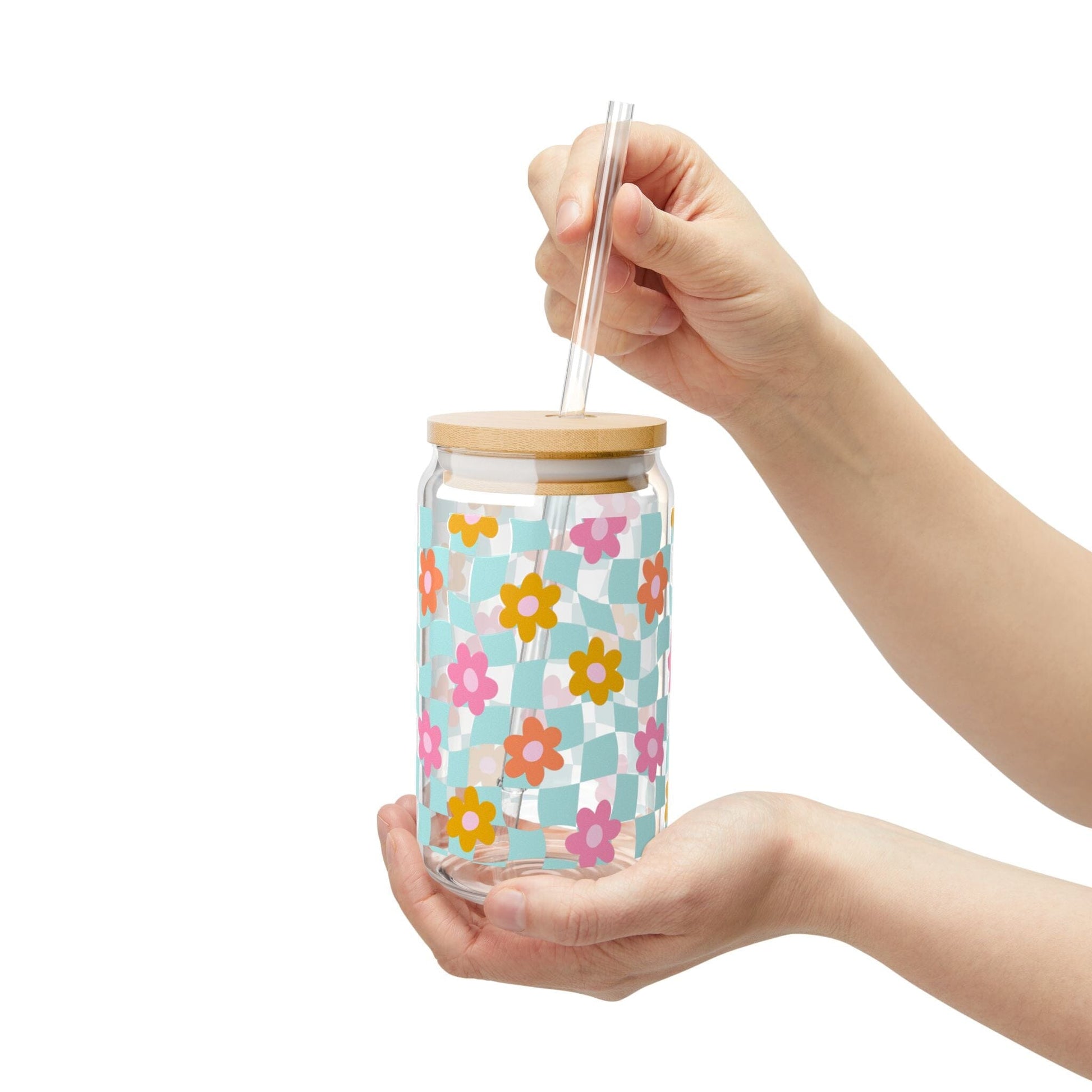 Coconut Girl Blue Checkered Daisy Sipper Cup • Cute Summer Iced Coffee Cup Mug Printify