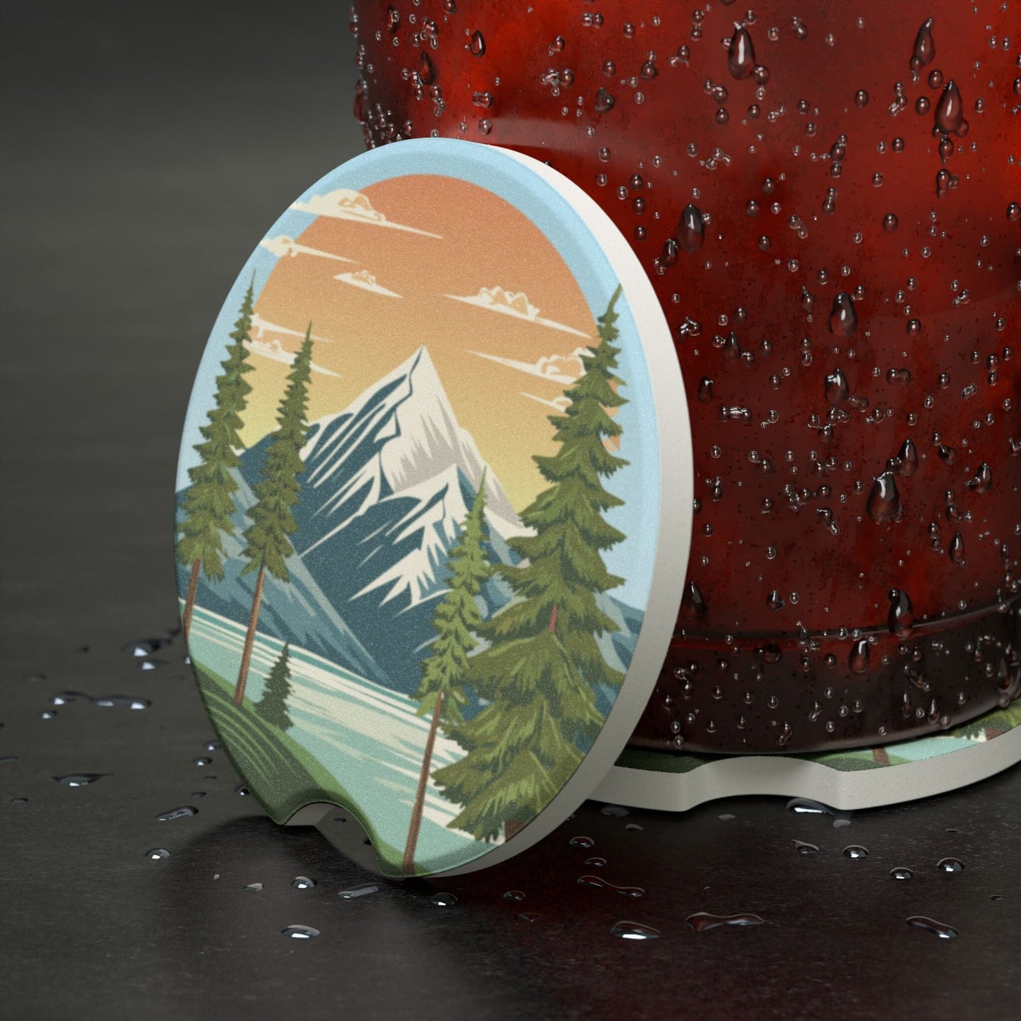 Nature-Inspired Soapstone Car Coaster with Mountain & Forest Design Home Decor Printify