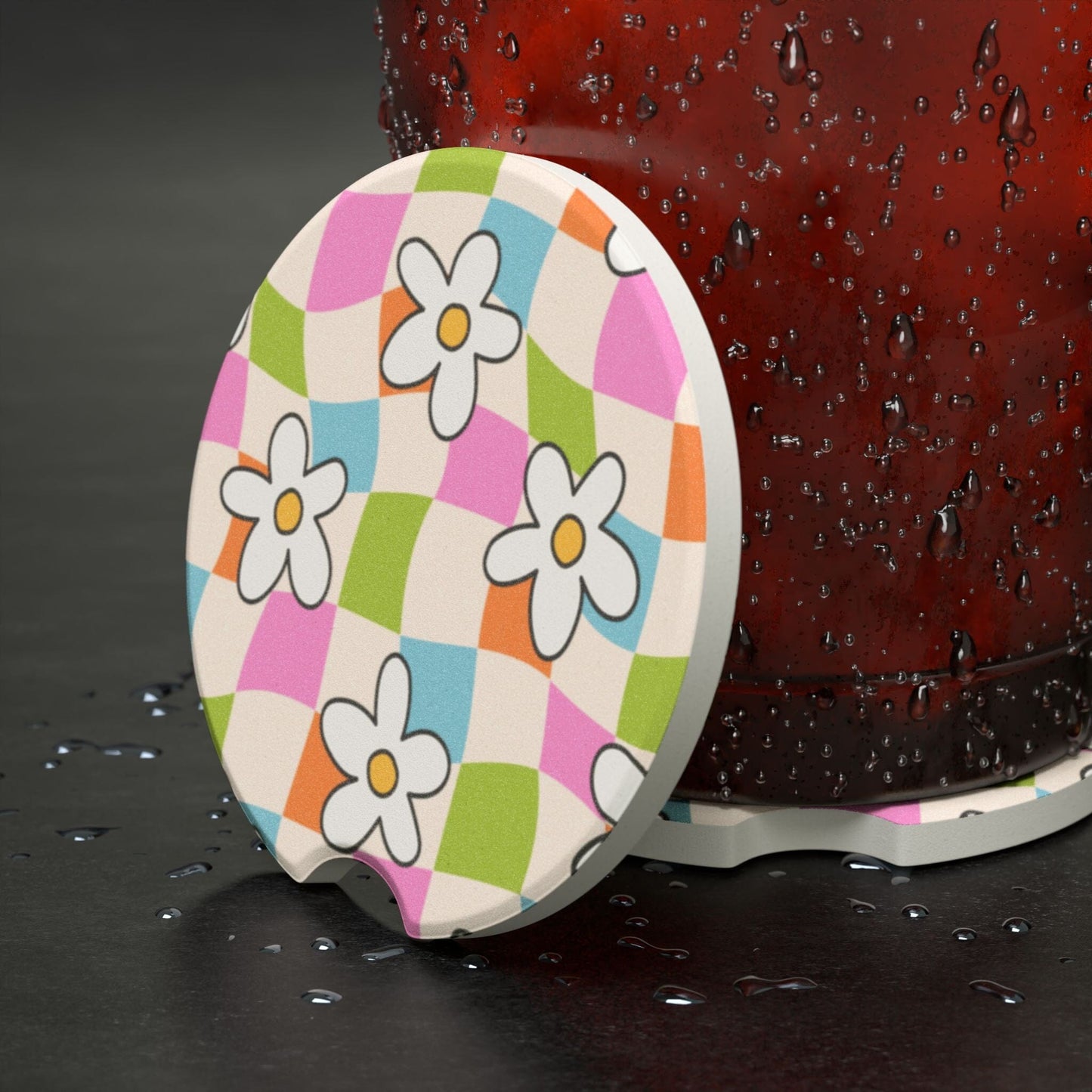 Wavy Checkered Daisy Car Coaster, Coconut Girl Summer Decor • Cute Car Accessories Home Decor Printify