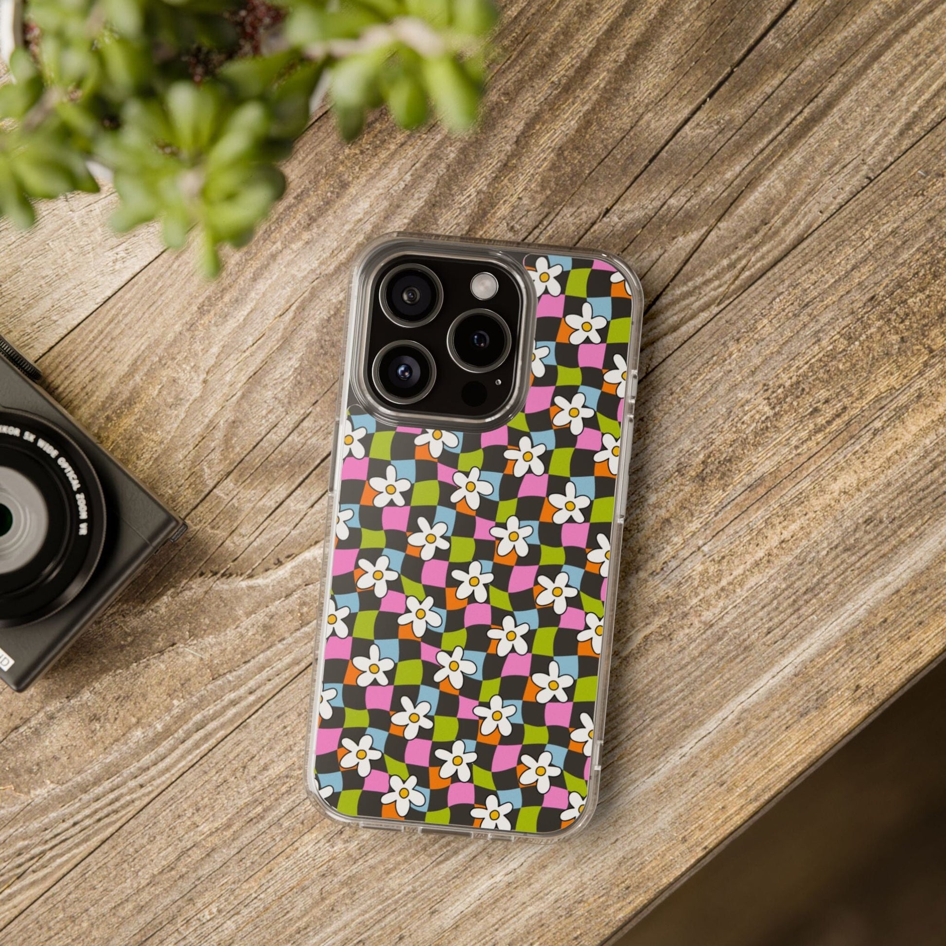 Trendy y2k Aesthetic iPhone Cases, Clear Phone Case • Checkered Daisy Phone Case Designed to fit most iPhone and Samsung Models Phone Case Printify