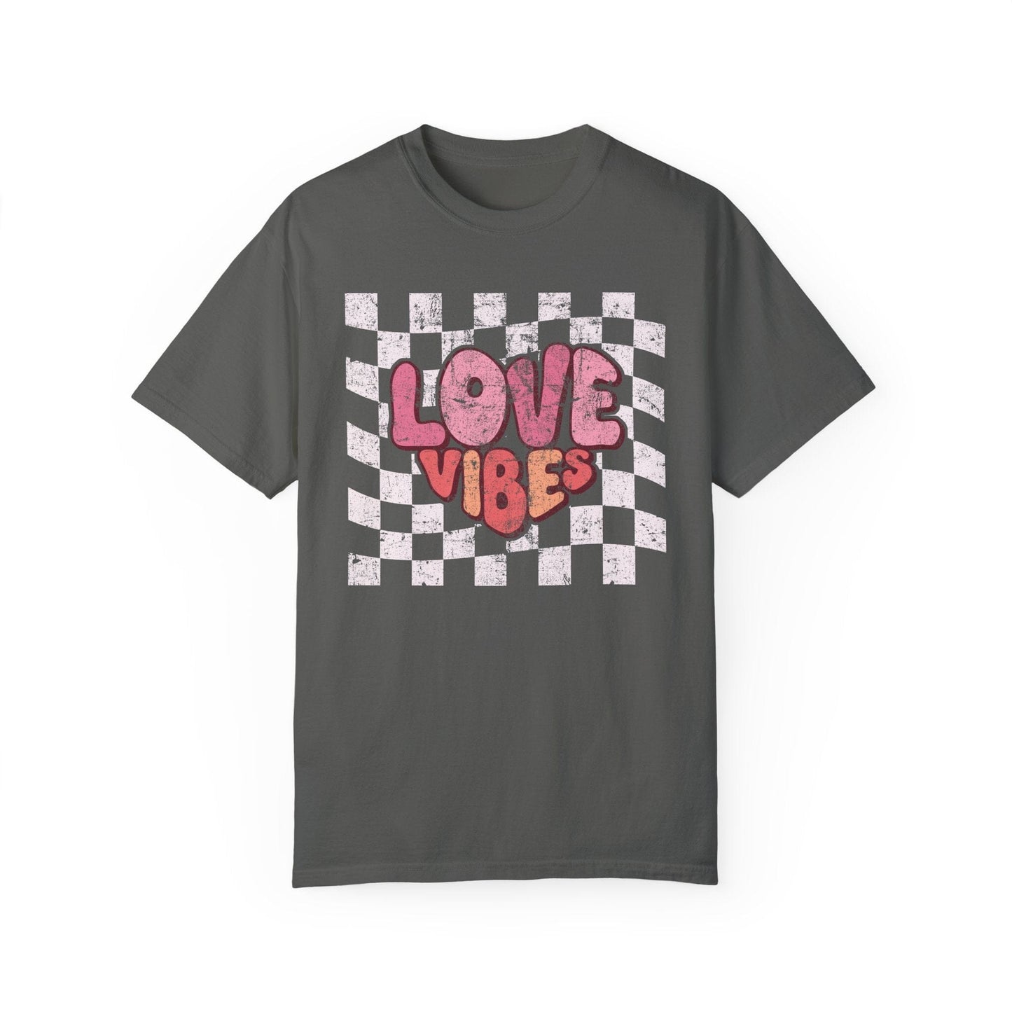 Vintage Love Vibes Valentine's Day Shirt | Comfort Colors T-shirts | Retro Font Heart Shirt | Distressed Checker Heart Love Gift for Wife T-Shirt Printify Pepper M