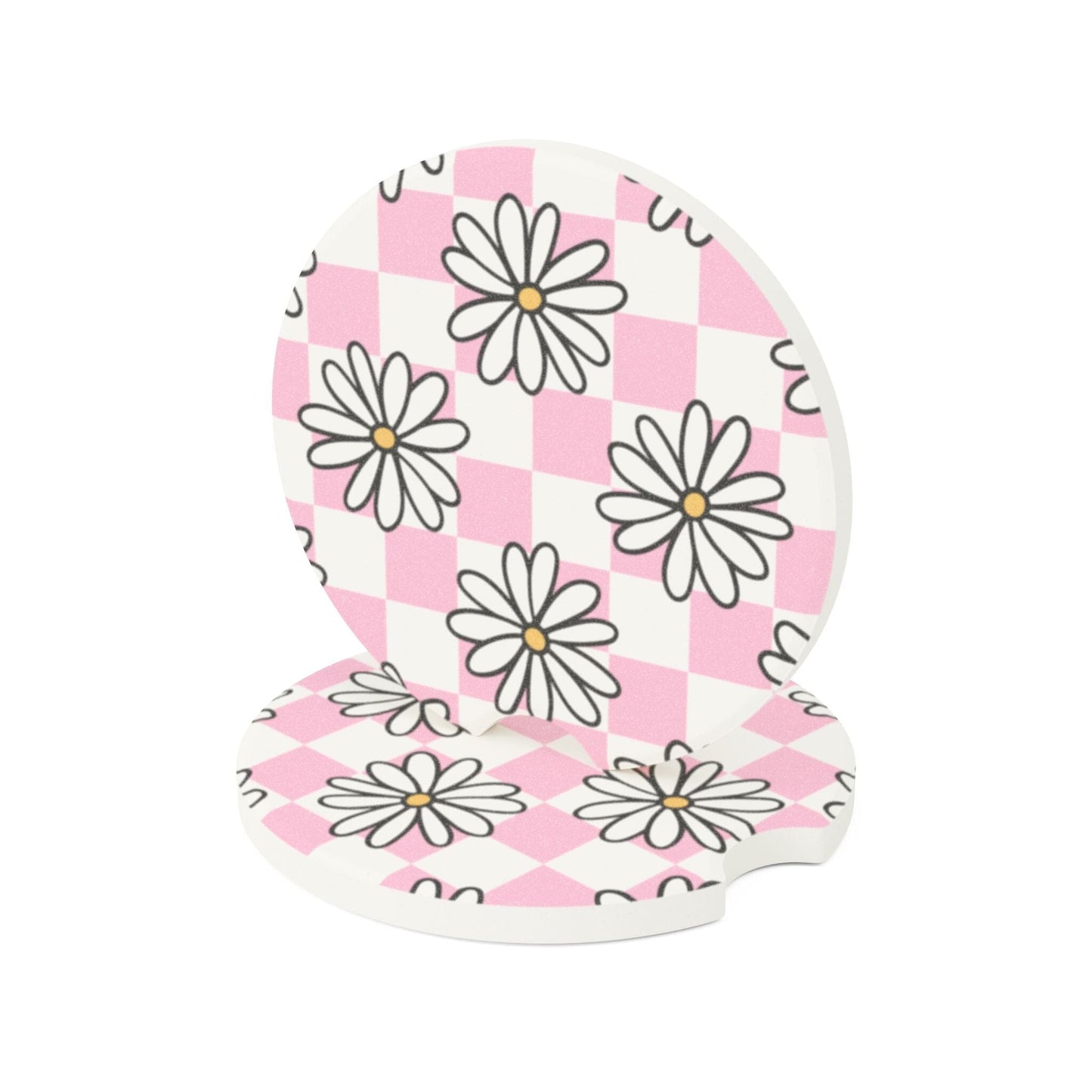 Coquette Checkered Daisy Car Coasters, Summer Car Cup Holder • Cute Car Accessories Home Decor Printify 2.6'' × 2.6" 2pcs