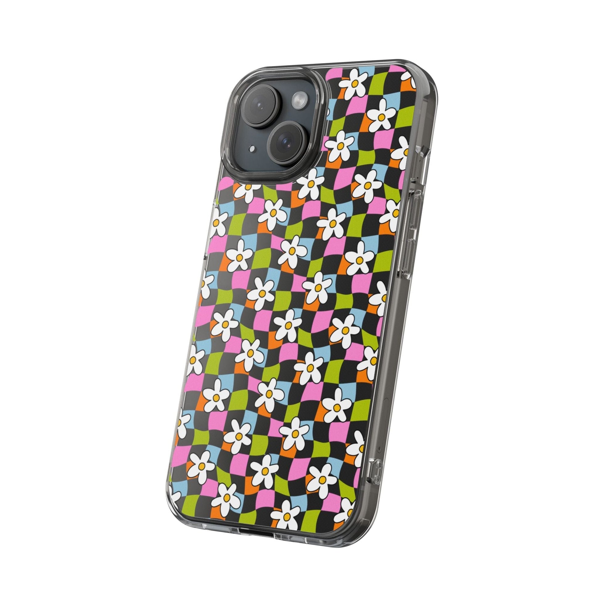 Trendy y2k Aesthetic iPhone Cases, Clear Phone Case • Checkered Daisy Phone Case Designed to fit most iPhone and Samsung Models Phone Case Printify