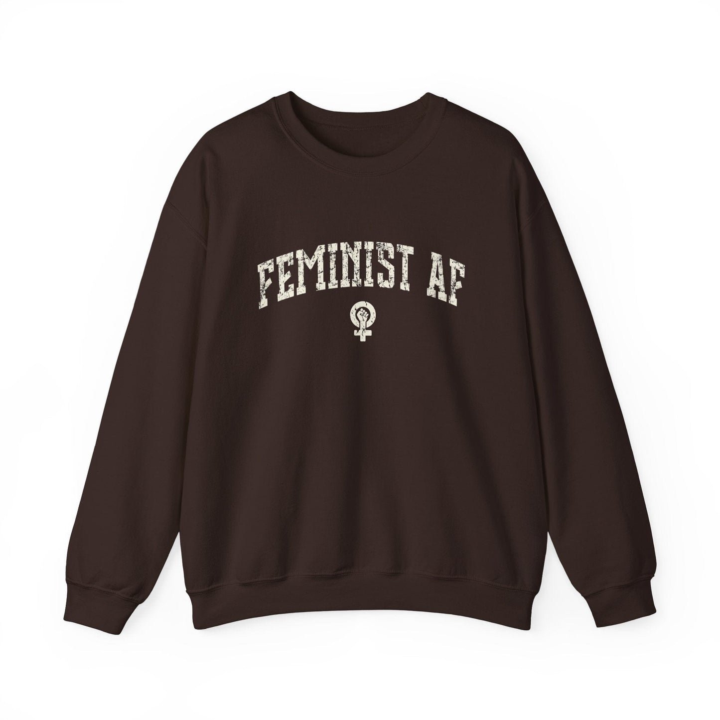 Feminist AF Sweatshirt, Womens Rights Shirts Female Empowerment Crewneck Sweatshirt Printify Dark Chocolate S
