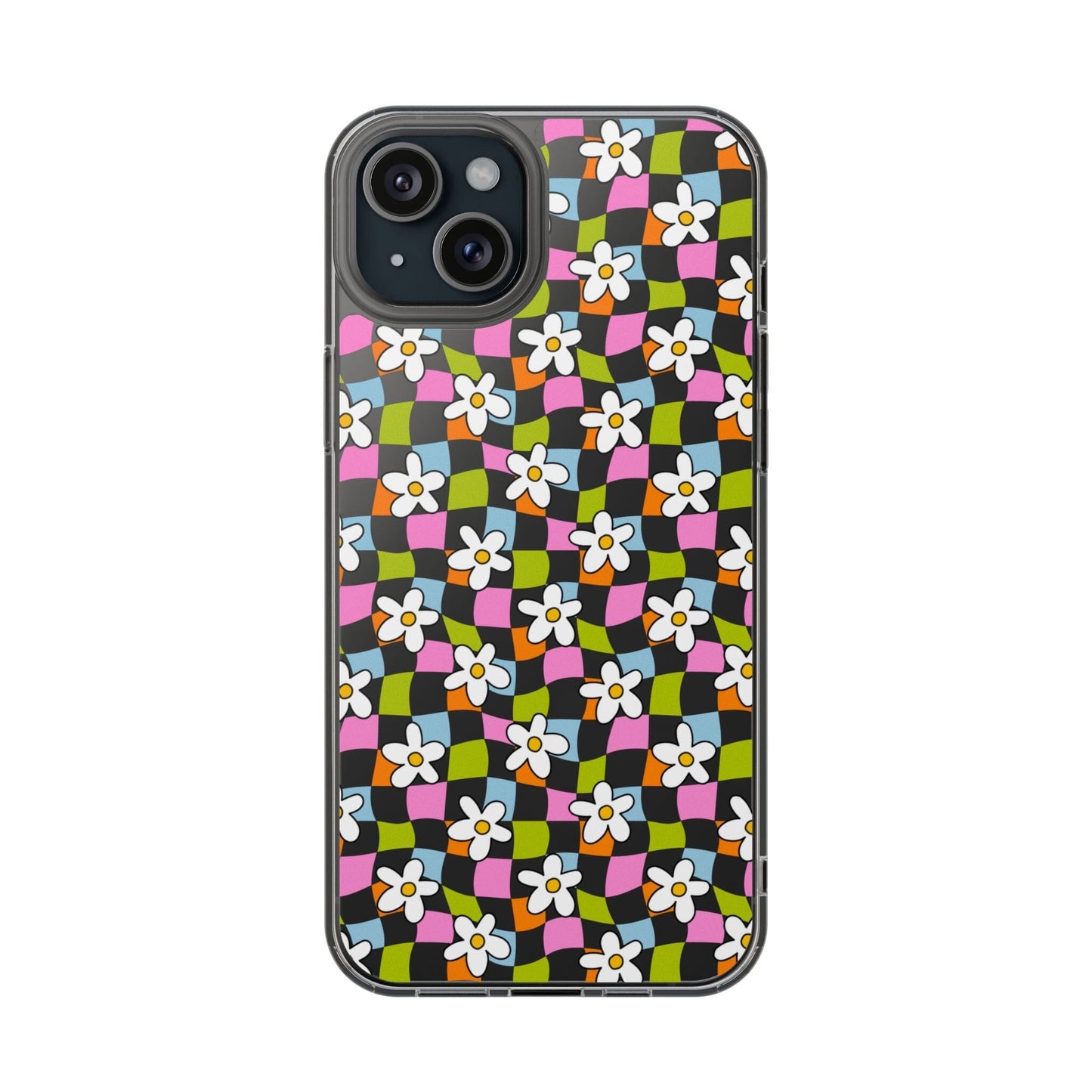 Trendy y2k Aesthetic iPhone Cases, Clear Phone Case • Checkered Daisy Phone Case Designed to fit most iPhone and Samsung Models Phone Case Printify iPhone 15 Plus Without gift packaging