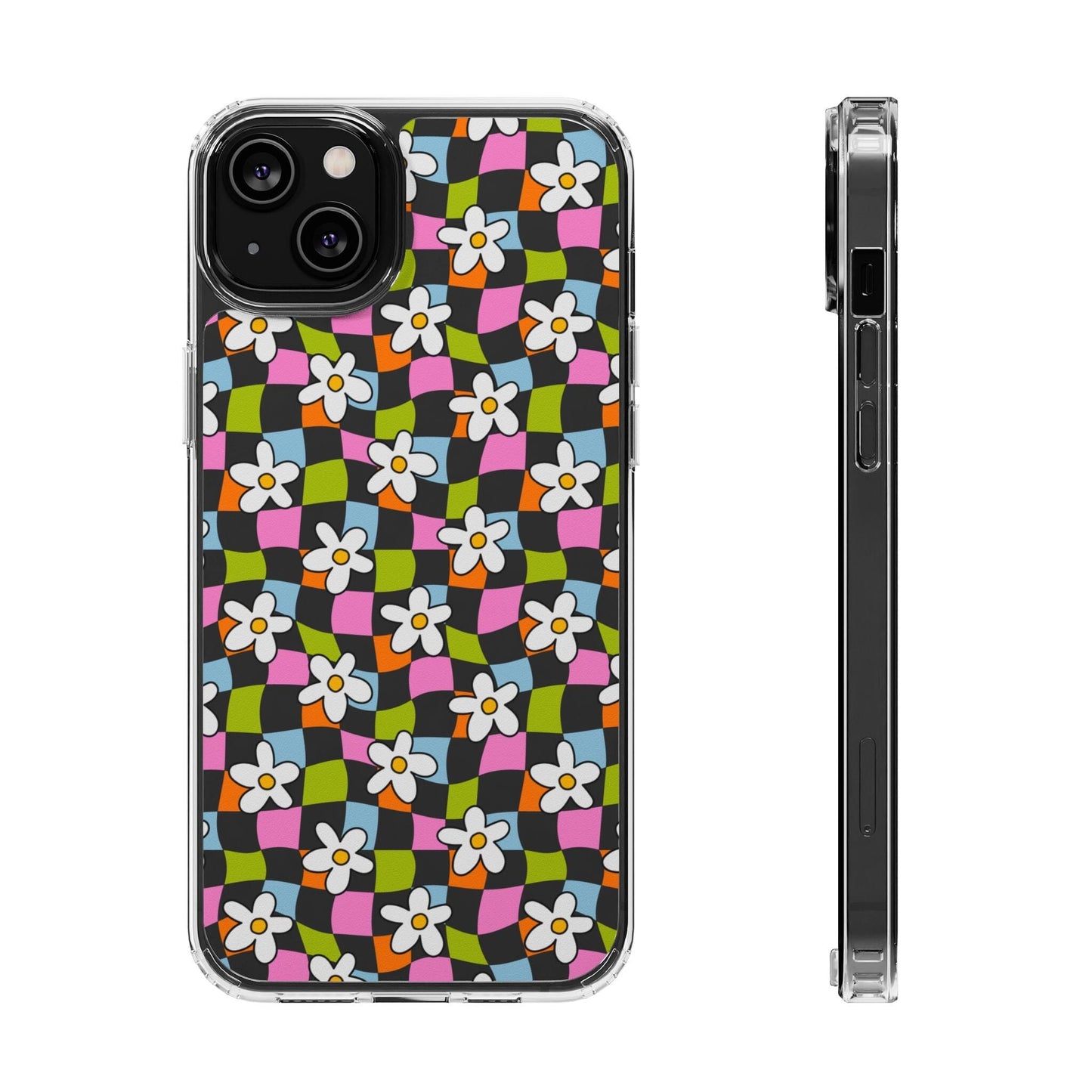 Trendy y2k Aesthetic iPhone Cases, Clear Phone Case • Checkered Daisy Phone Case Designed to fit most iPhone and Samsung Models Phone Case Printify iPhone 14 Plus Without gift packaging