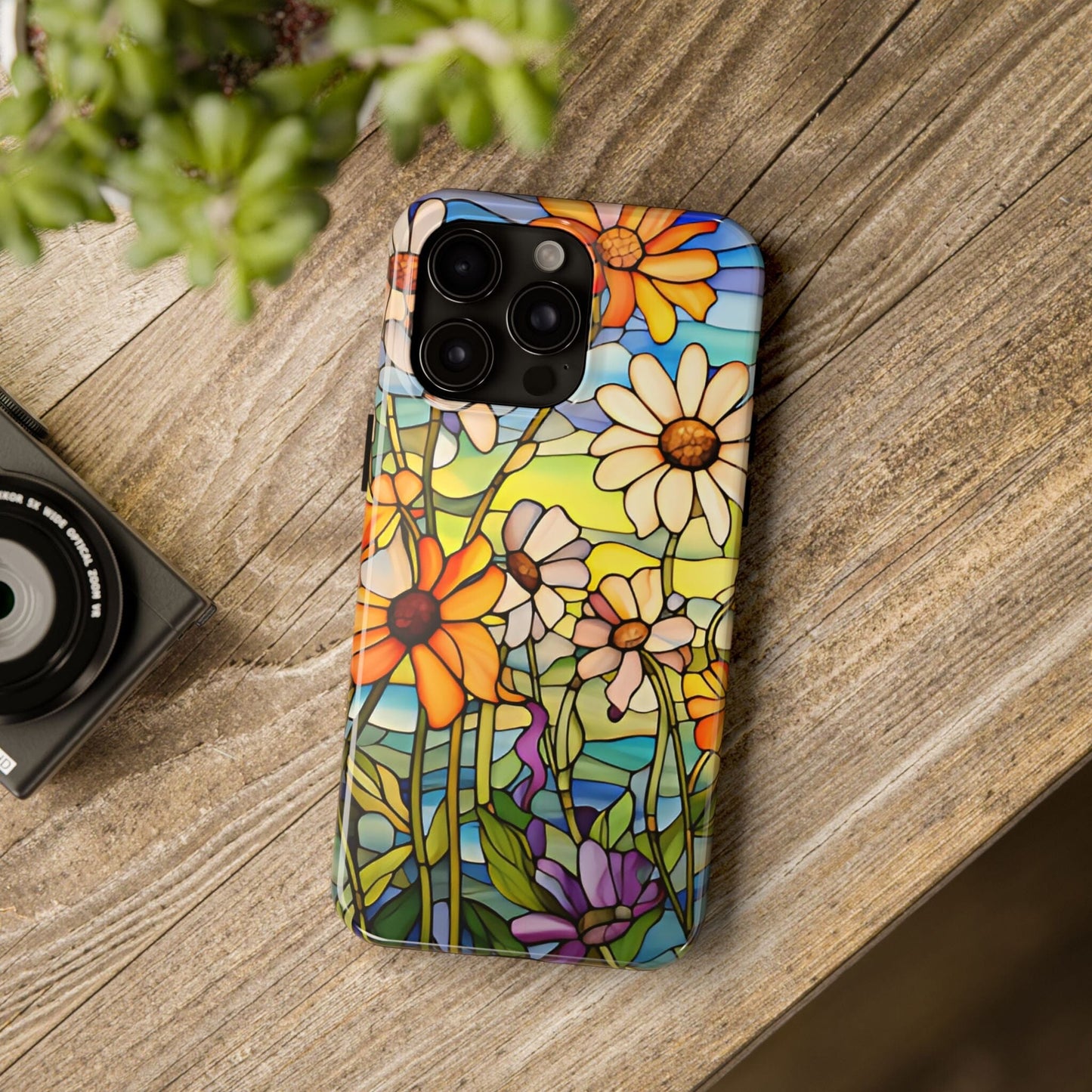 Stained Glass Daisies Impact Resistant Phone Case • Designed to fit most iPhone and Samsung Models Phone Case Printify
