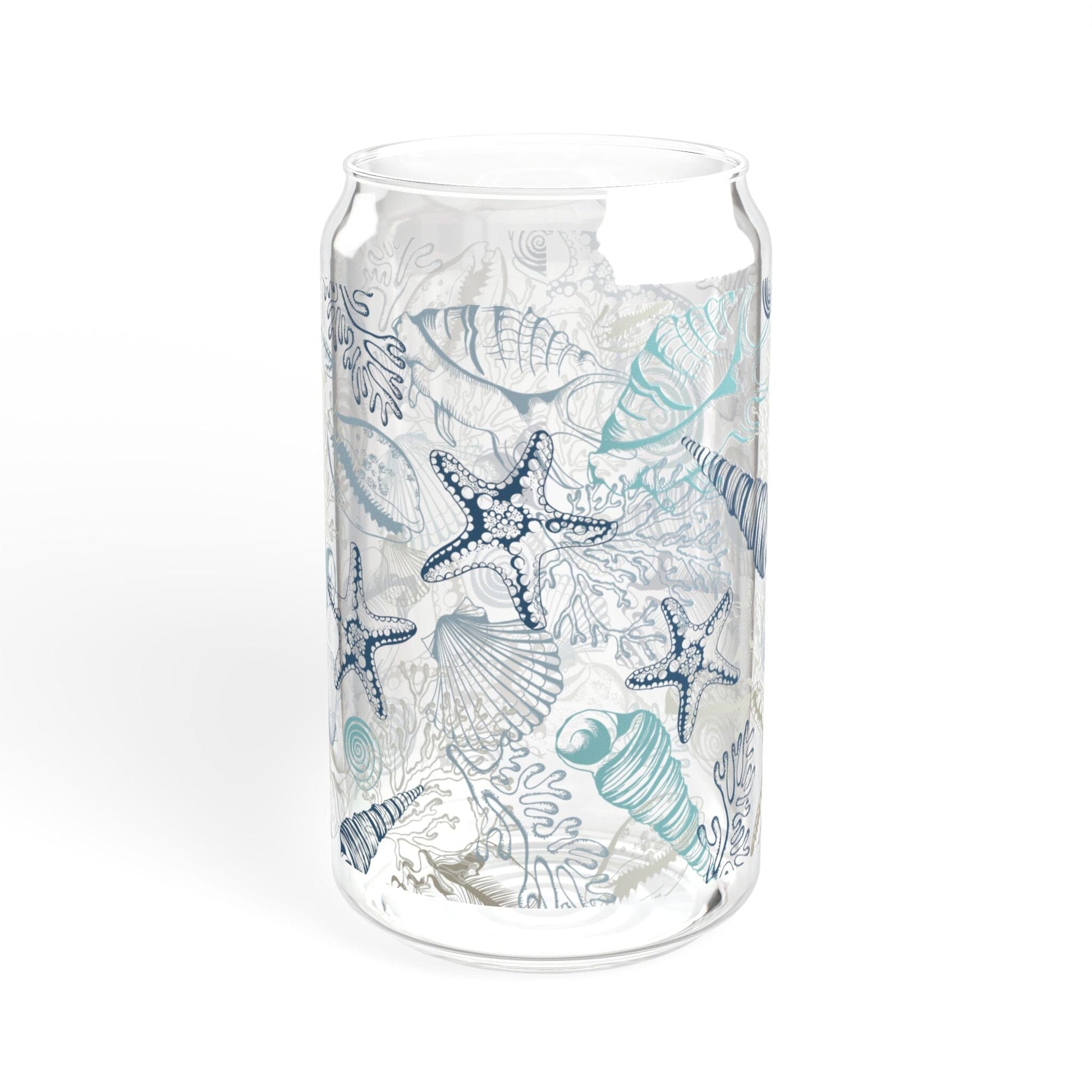 Coastal Vibes Blue Seashell Sipper Glass • 16oz Ocean-Inspired Iced Coffee Cup Mug Printify