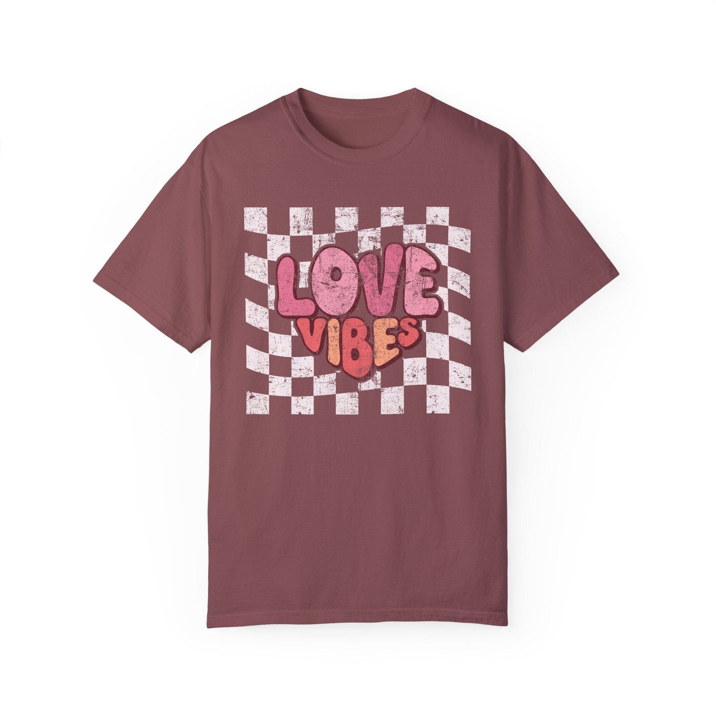 Vintage Love Vibes Valentine's Day Shirt | Comfort Colors T-shirts | Retro Font Heart Shirt | Distressed Checker Heart Love Gift for Wife T-Shirt Printify Brick S