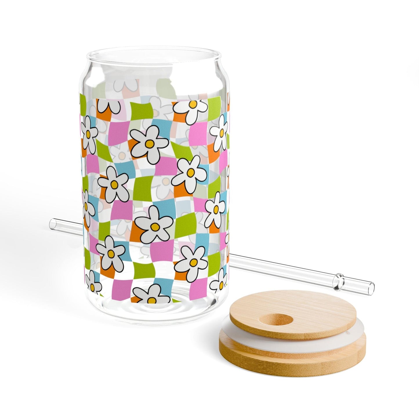 Coconut Girl Blue Checkered Daisy Iced Coffee Cup • Cute Summer Drinkware Mug Printify