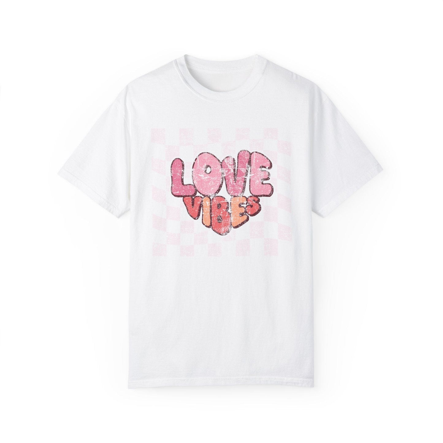 Vintage Love Vibes Valentine's Day Shirt | Comfort Colors T-shirts | Retro Font Heart Shirt | Distressed Checker Heart Love Gift for Wife T-Shirt Printify White S