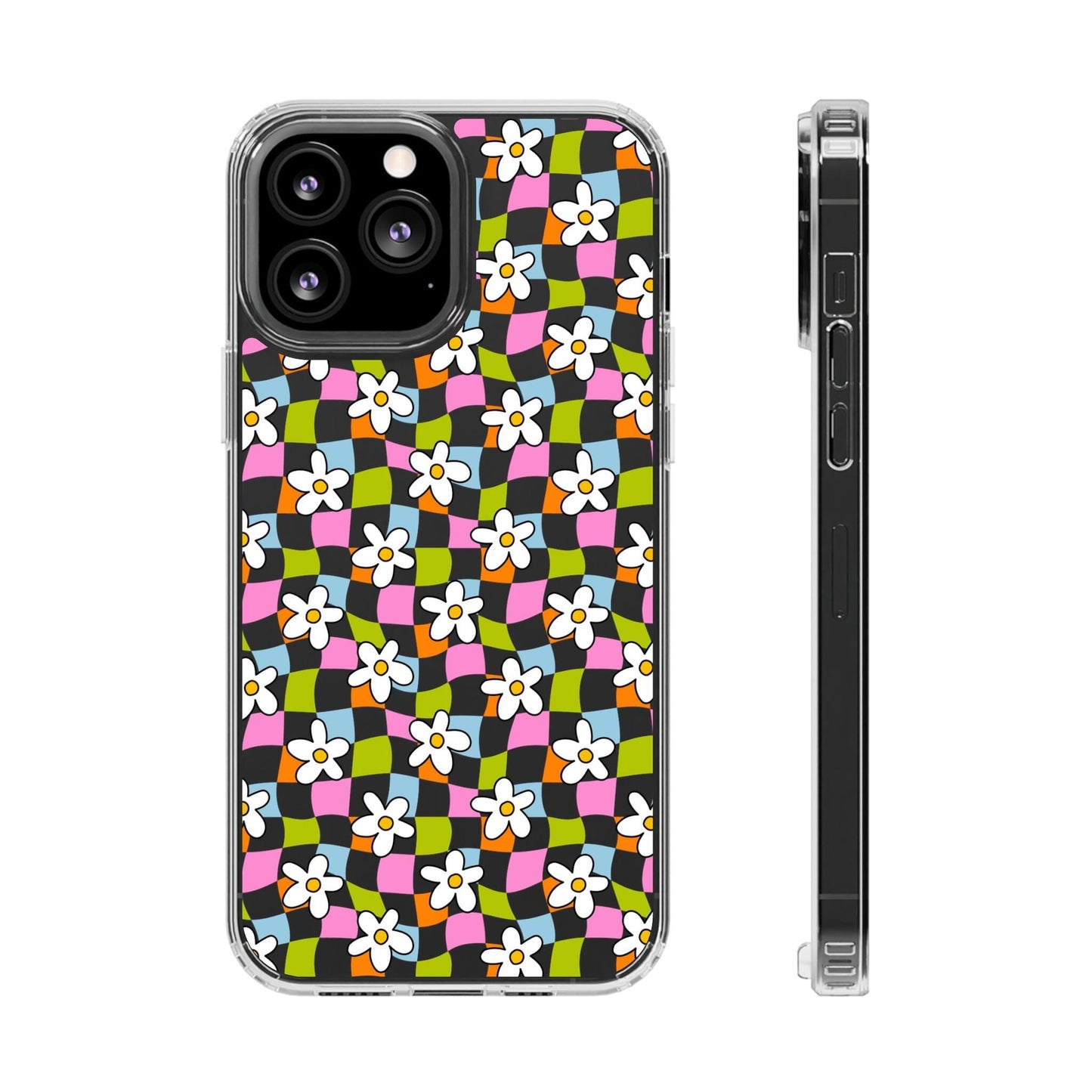 Trendy y2k Aesthetic iPhone Cases, Clear Phone Case • Checkered Daisy Phone Case Designed to fit most iPhone and Samsung Models Phone Case Printify iPhone 13 Pro Max Without gift packaging