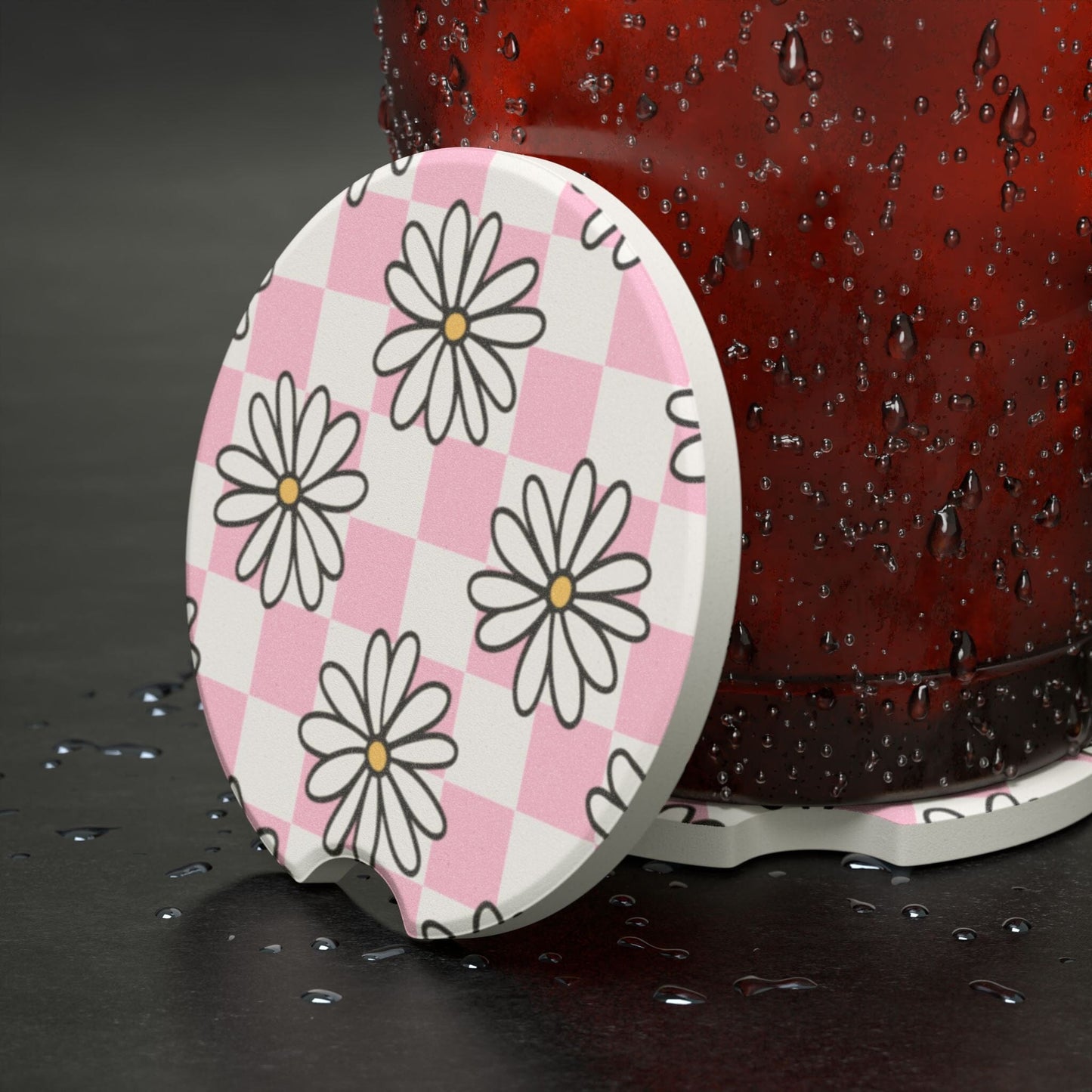 Coquette Checkered Daisy Car Coasters, Summer Car Cup Holder • Cute Car Accessories Home Decor Printify