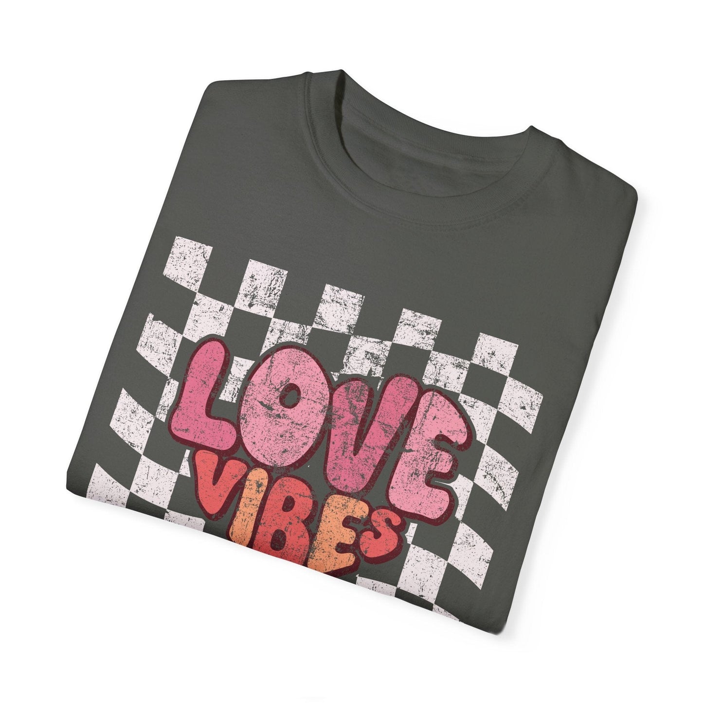Vintage Love Vibes Valentine's Day Shirt | Comfort Colors T-shirts | Retro Font Heart Shirt | Distressed Checker Heart Love Gift for Wife T-Shirt Printify
