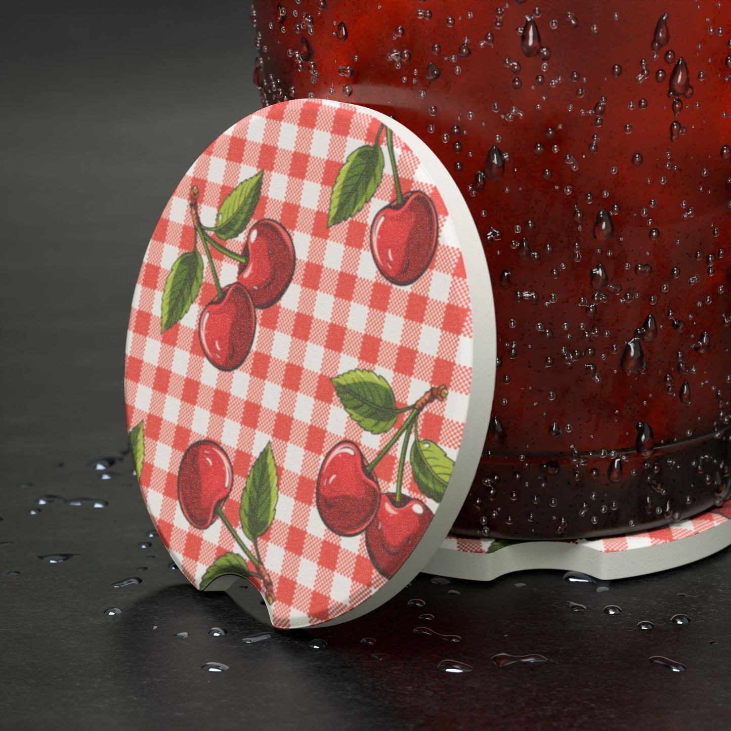 Checkered Cherries Car Coaster, Summer Fruit Car Decor • Cute Car Accessories Home Decor Printify