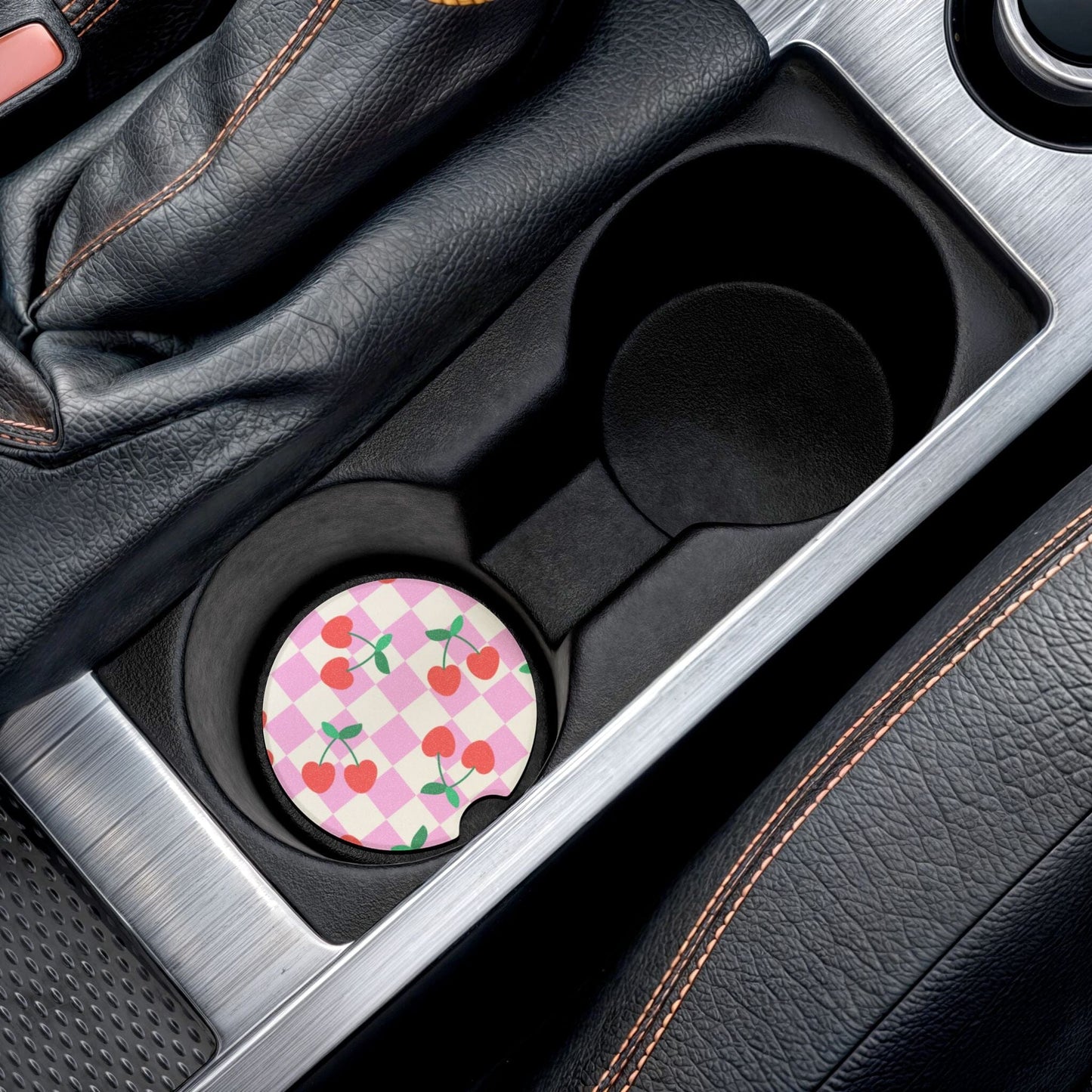 Coquette Checkered Cherries Car Coaster, Summer Vibes Car Decor • Cute Car Accessory Home Decor Printify
