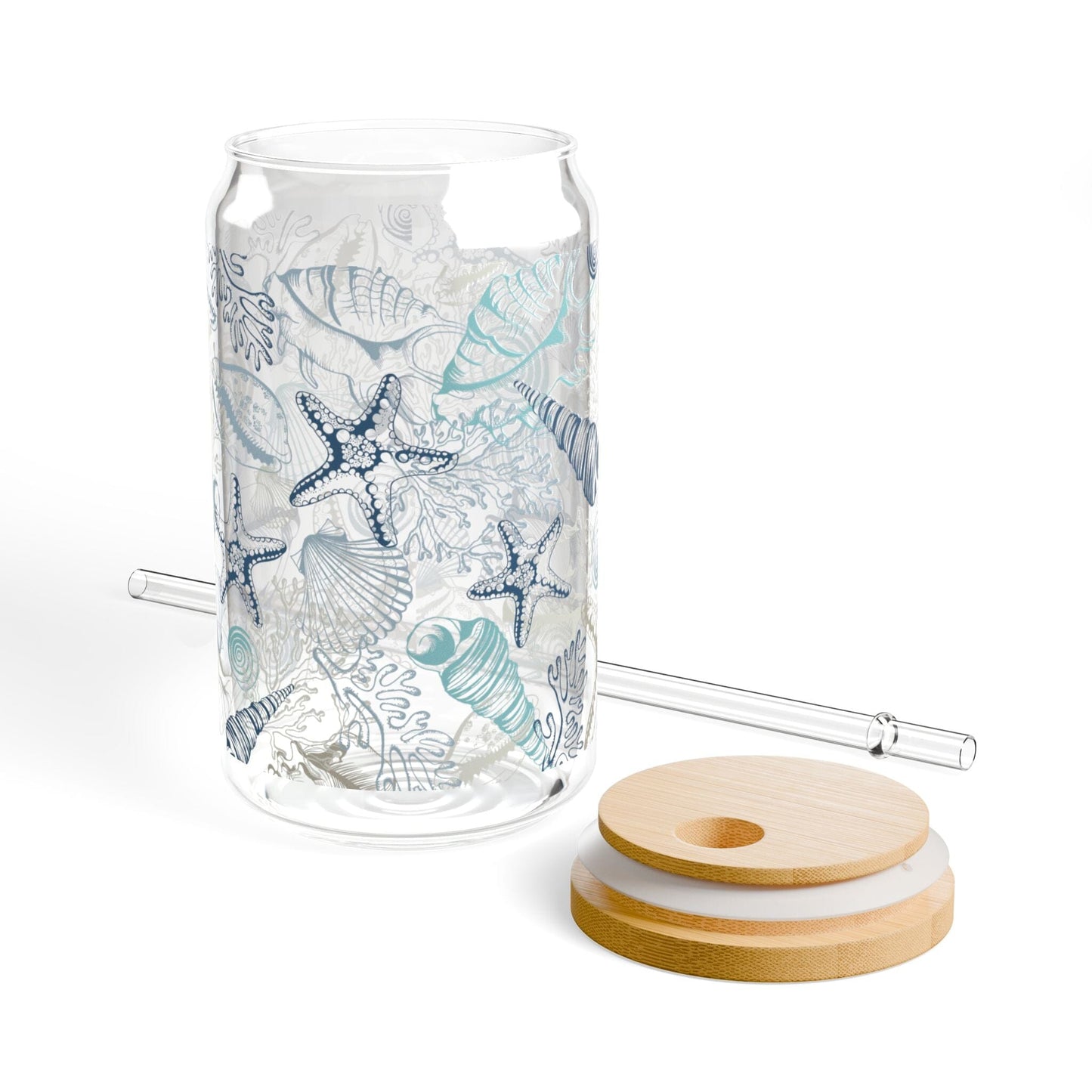 Coastal Vibes Blue Seashell Sipper Glass • 16oz Ocean-Inspired Iced Coffee Cup Mug Printify