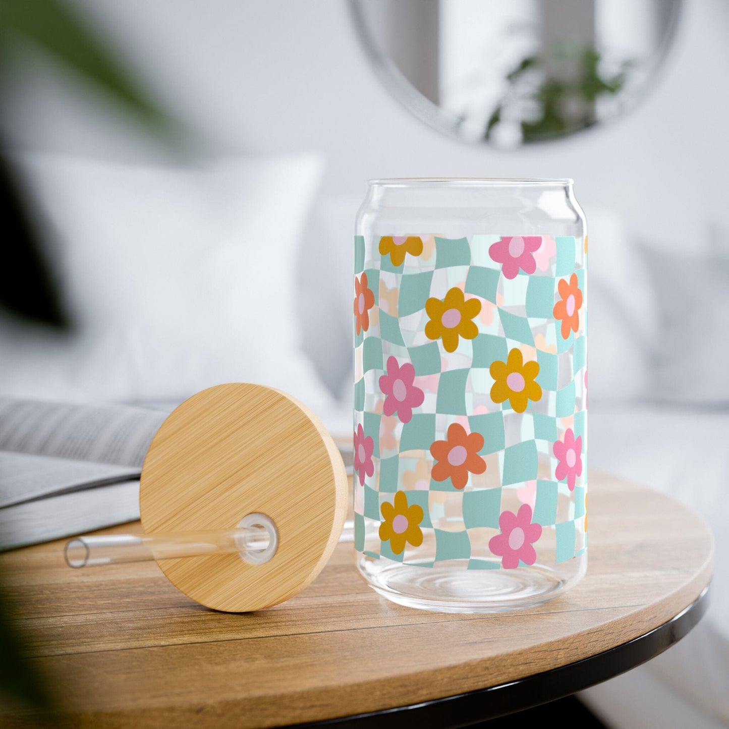 Coconut Girl Blue Checkered Daisy Sipper Cup • Cute Summer Iced Coffee Cup Mug Printify