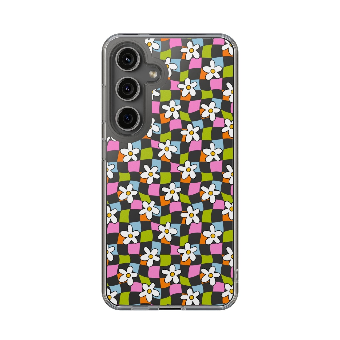 Trendy y2k Aesthetic iPhone Cases, Clear Phone Case • Checkered Daisy Phone Case Designed to fit most iPhone and Samsung Models Phone Case Printify Samsung Galaxy S24 Without gift packaging