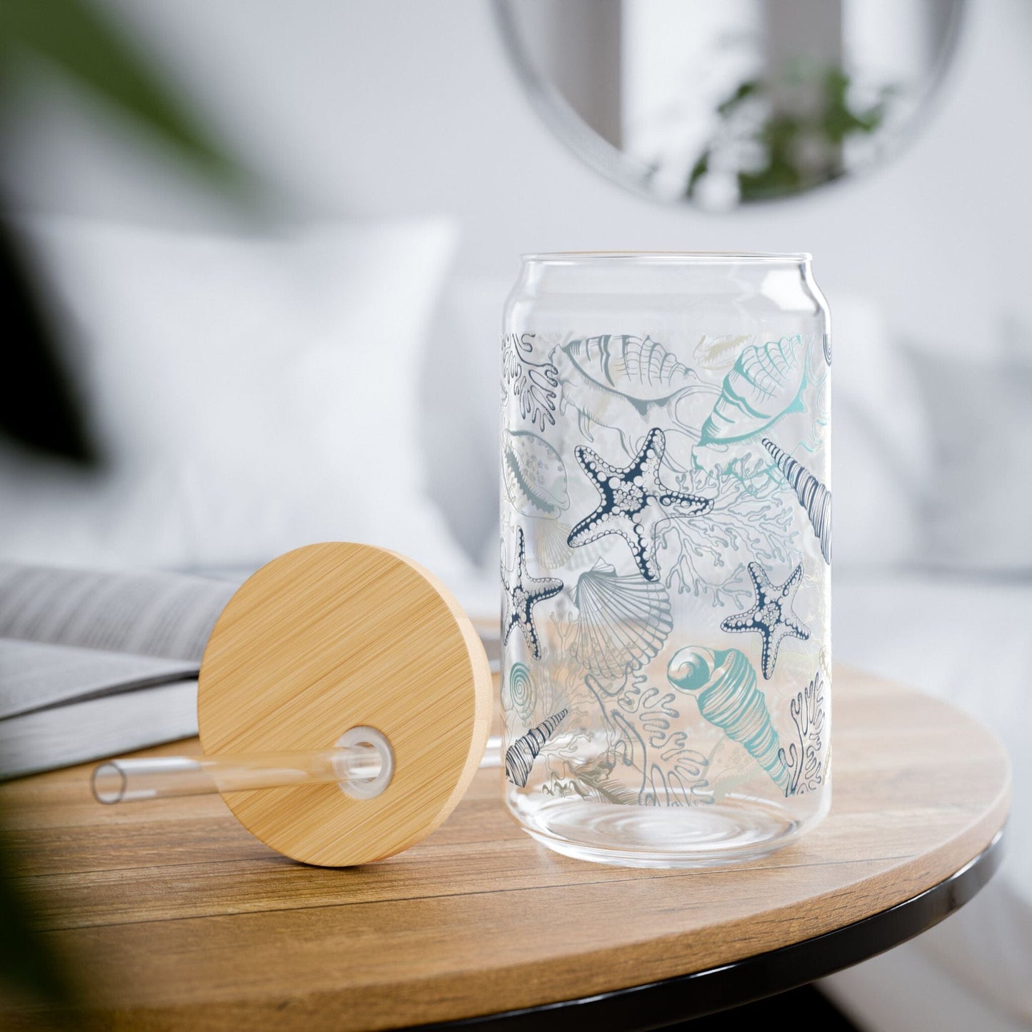 Coastal Vibes Blue Seashell Sipper Glass • 16oz Ocean-Inspired Iced Coffee Cup Mug Printify