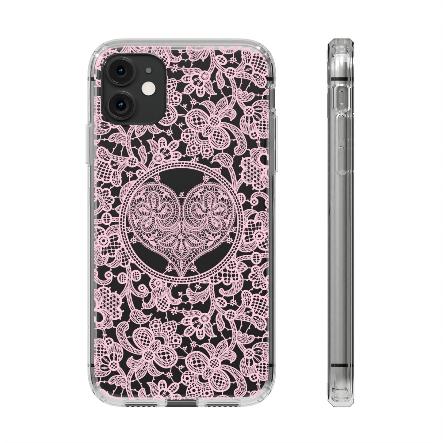 Pink Lace Coquette Phone Case • Clear Phone Case Designed to fit most iPhone and Samsung Phones Phone Case Printify iPhone 11 Without gift packaging