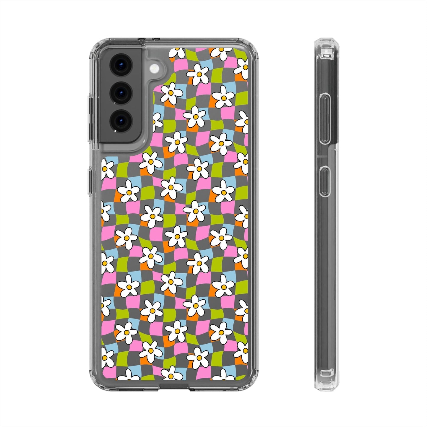 Trendy y2k Aesthetic iPhone Cases, Clear Phone Case • Checkered Daisy Phone Case Designed to fit most iPhone and Samsung Models Phone Case Printify Samsung Galaxy S21 Without gift packaging