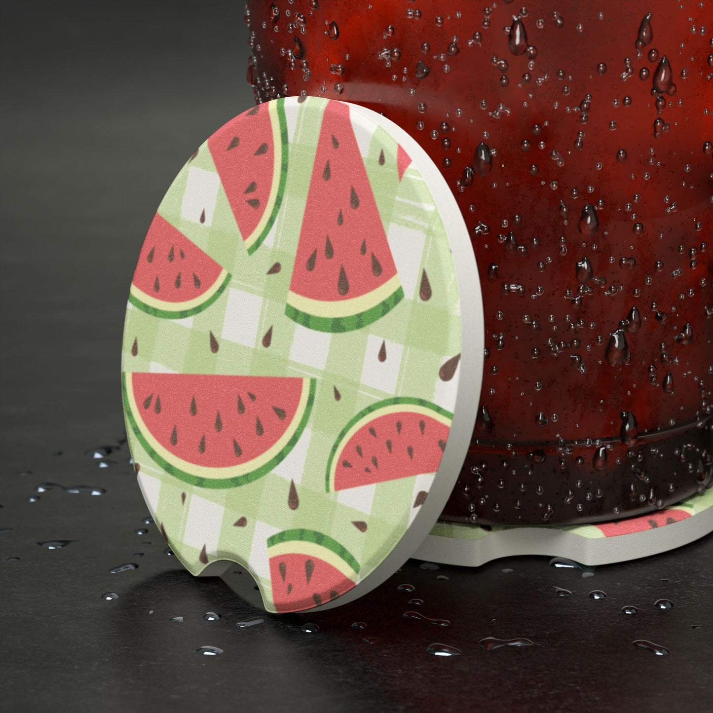 Checkered Watermelon Car Coaster, Summer Drink Cup Holder Coaster • Cute Car Accessories Home Decor Printify
