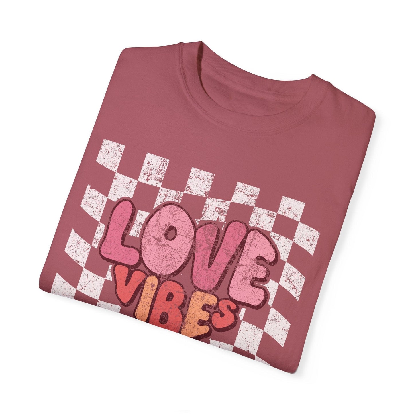 Vintage Love Vibes Valentine's Day Shirt | Comfort Colors T-shirts | Retro Font Heart Shirt | Distressed Checker Heart Love Gift for Wife T-Shirt Printify
