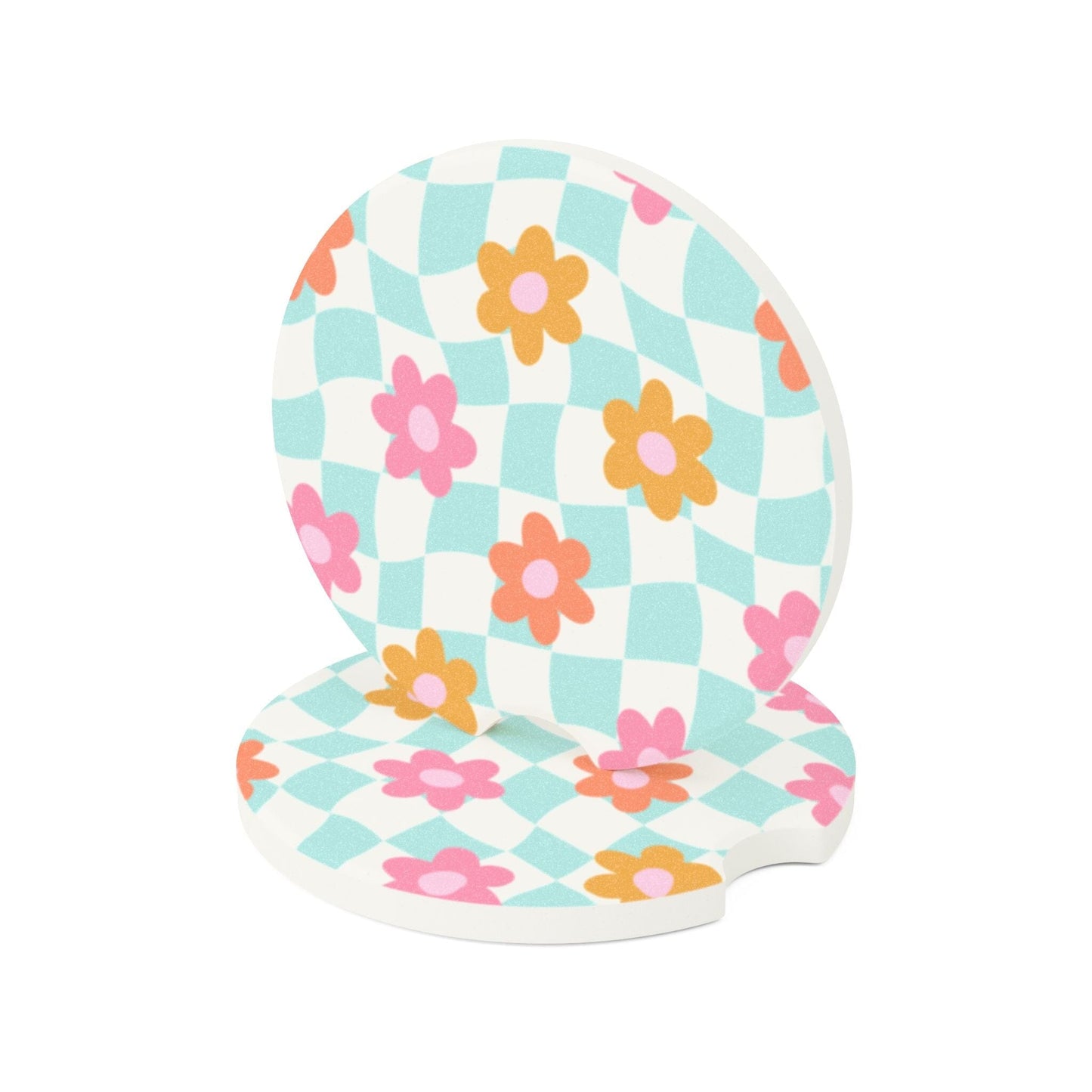 Coconut Girl Checkered Daisy Car Coaster, Retro Flower Design • Cute Car Accessories Home Decor Printify 2.6'' × 2.6" 2pcs