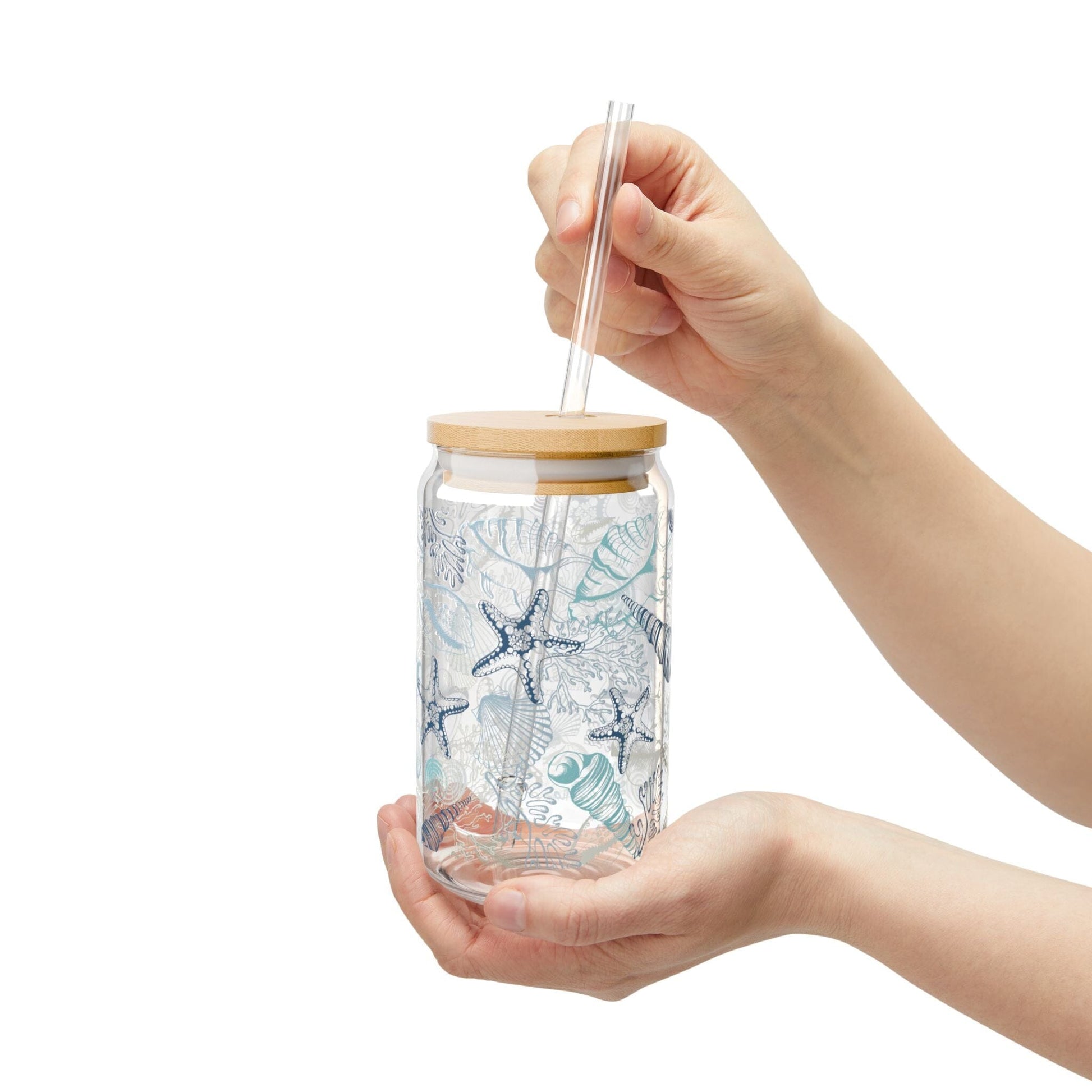 Coastal Vibes Blue Seashell Sipper Glass • 16oz Ocean-Inspired Iced Coffee Cup Mug Printify
