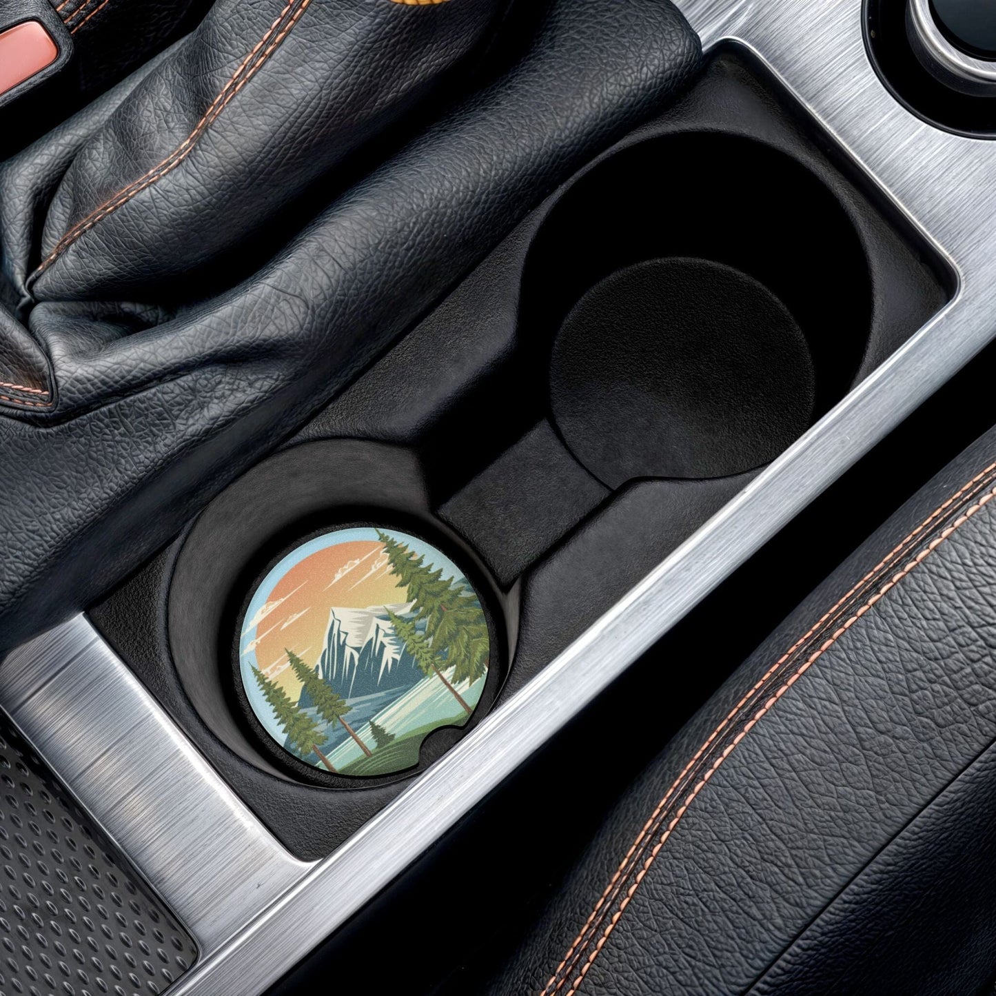 Nature-Inspired Soapstone Car Coaster with Mountain & Forest Design Home Decor Printify
