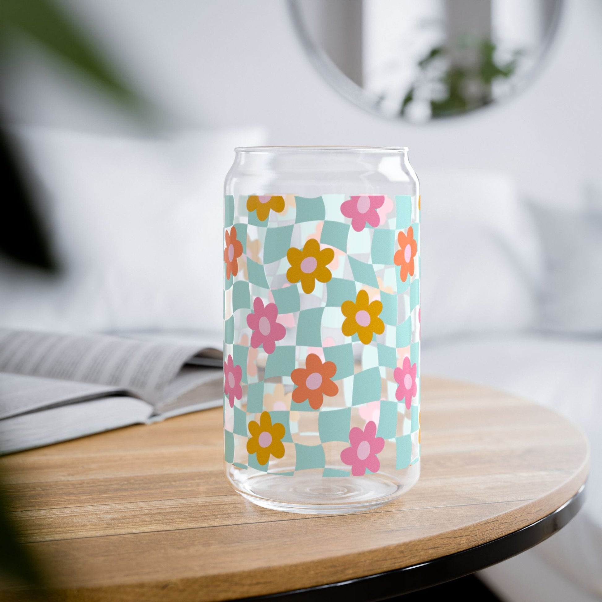 Coconut Girl Blue Checkered Daisy Sipper Cup • Cute Summer Iced Coffee Cup Mug Printify