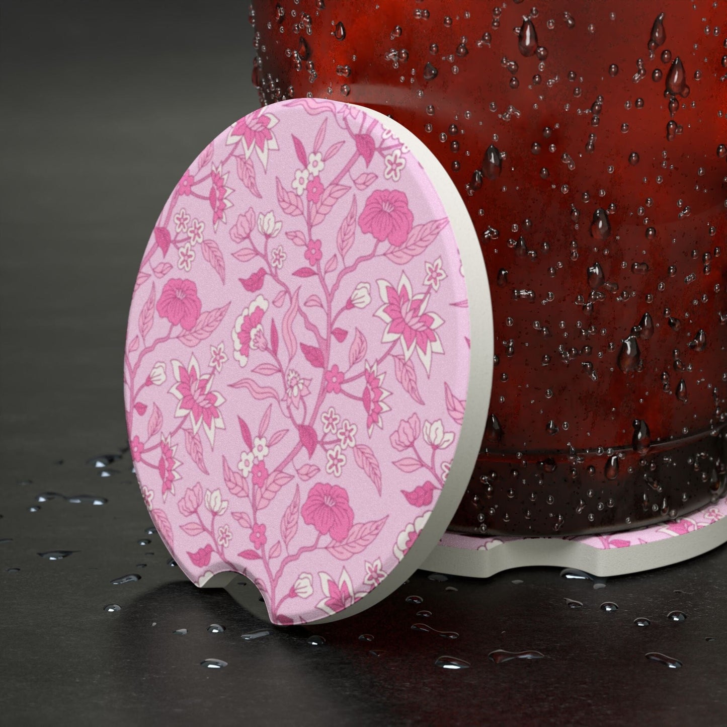 Preppy Pink Toile Car Coaster, Floral Drink Cup Holder Coaster • Cute Car Accessories Home Decor Printify