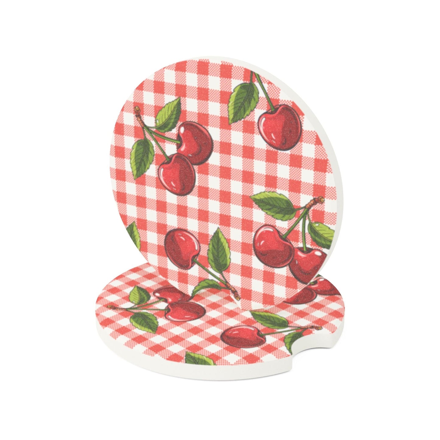 Checkered Cherries Car Coaster, Summer Fruit Car Decor • Cute Car Accessories Home Decor Printify 2.6'' × 2.6" 2pcs