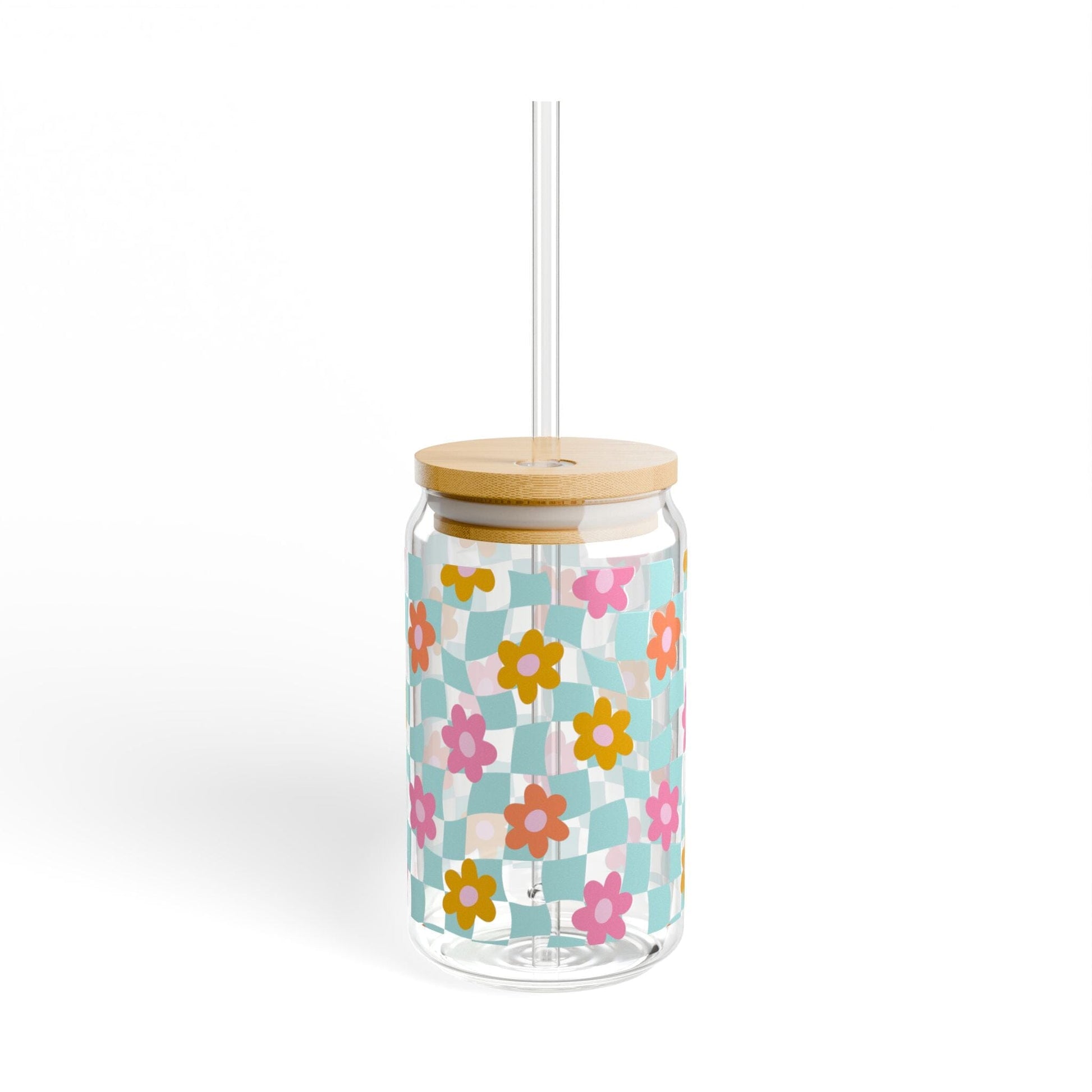 Coconut Girl Blue Checkered Daisy Sipper Cup • Cute Summer Iced Coffee Cup Mug Printify With lid and straw 16oz