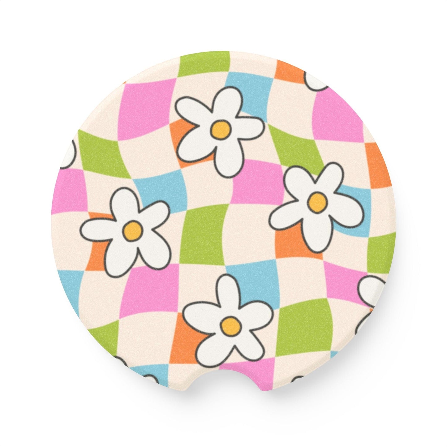 Wavy Checkered Daisy Car Coaster, Coconut Girl Summer Decor • Cute Car Accessories Home Decor Printify 2.6'' × 2.6" 1pc