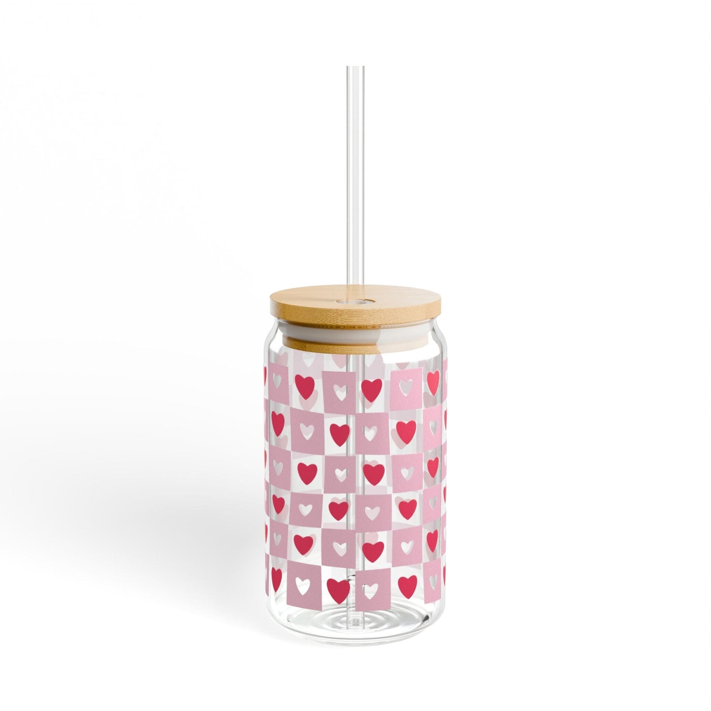 Coquette Heart Sipper Glass • XOXO Pink Iced Coffee Cup, Cute Bachelorette Drinkware Gifts Mug Printify With lid and straw 16oz