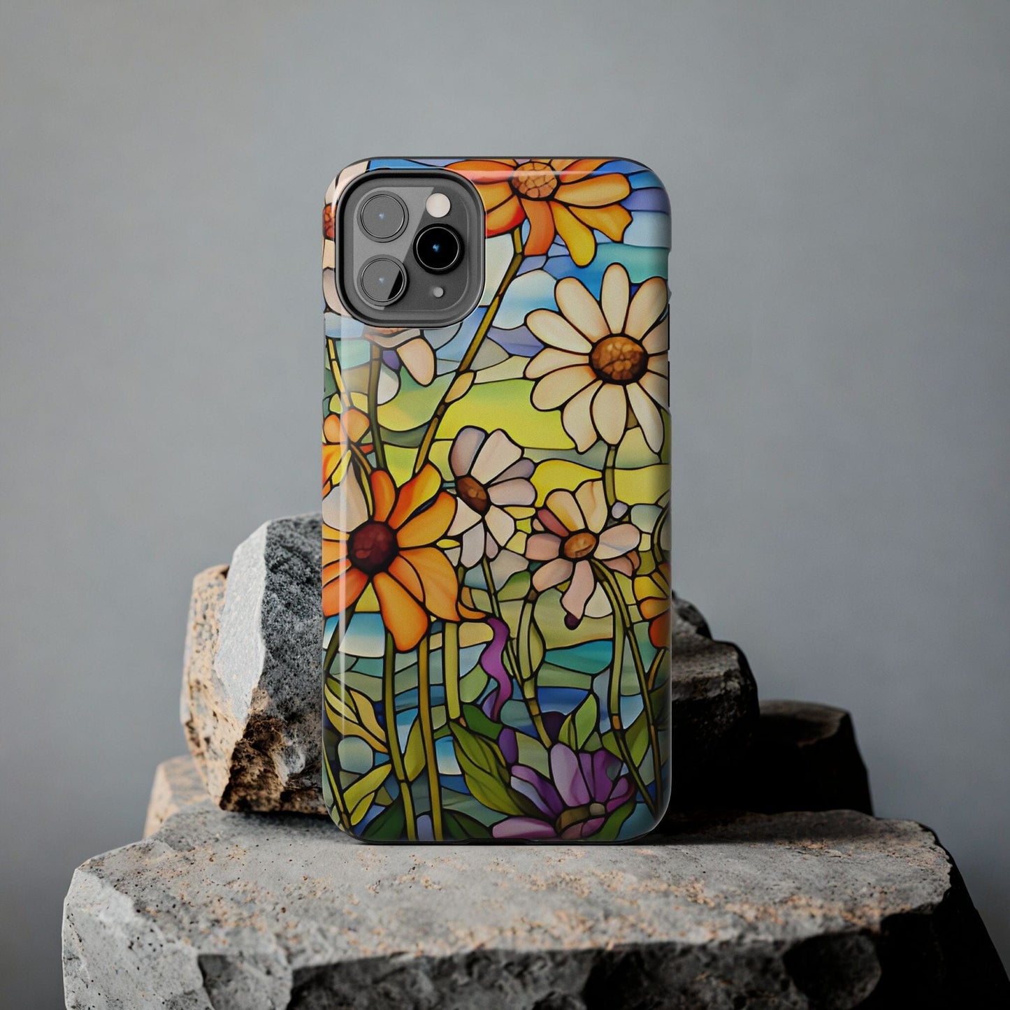 Stained Glass Daisies Impact Resistant Phone Case • Designed to fit most iPhone and Samsung Models Phone Case Printify