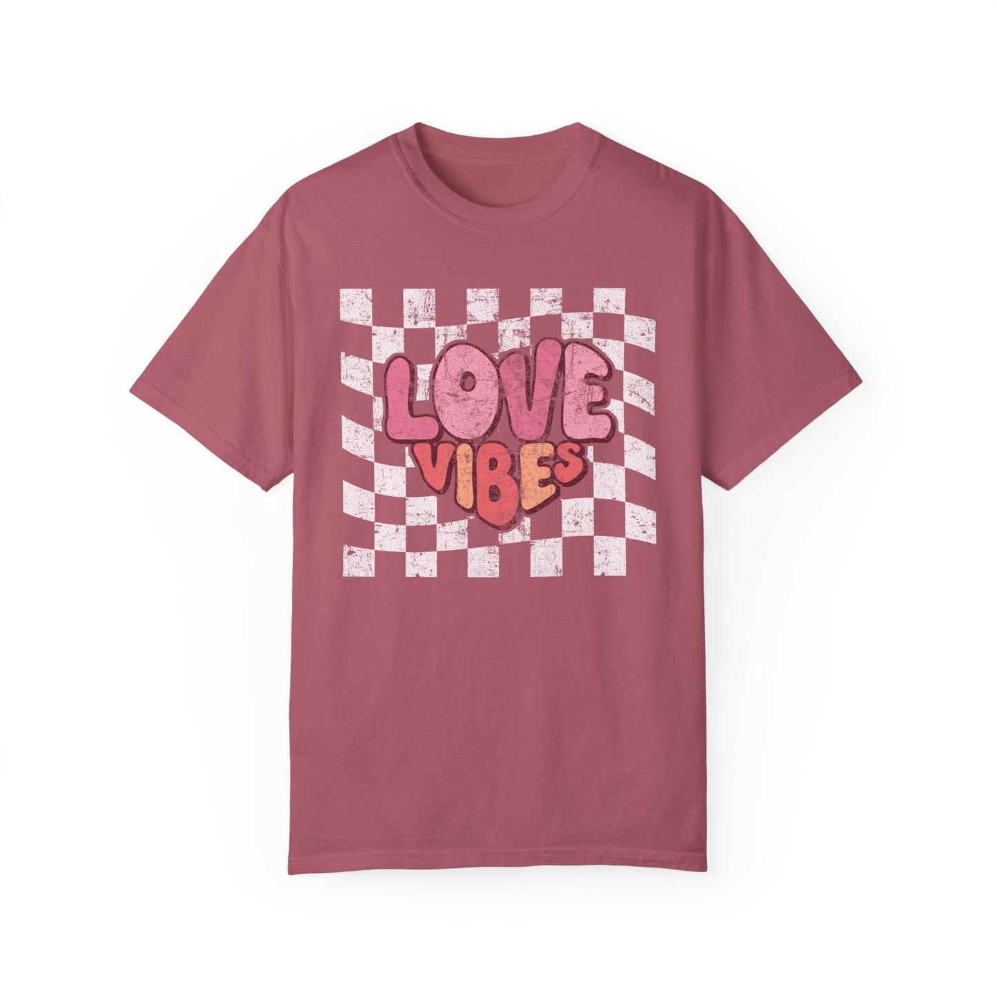 Vintage Love Vibes Valentine's Day Shirt | Comfort Colors T-shirts | Retro Font Heart Shirt | Distressed Checker Heart Love Gift for Wife T-Shirt Printify Crimson S