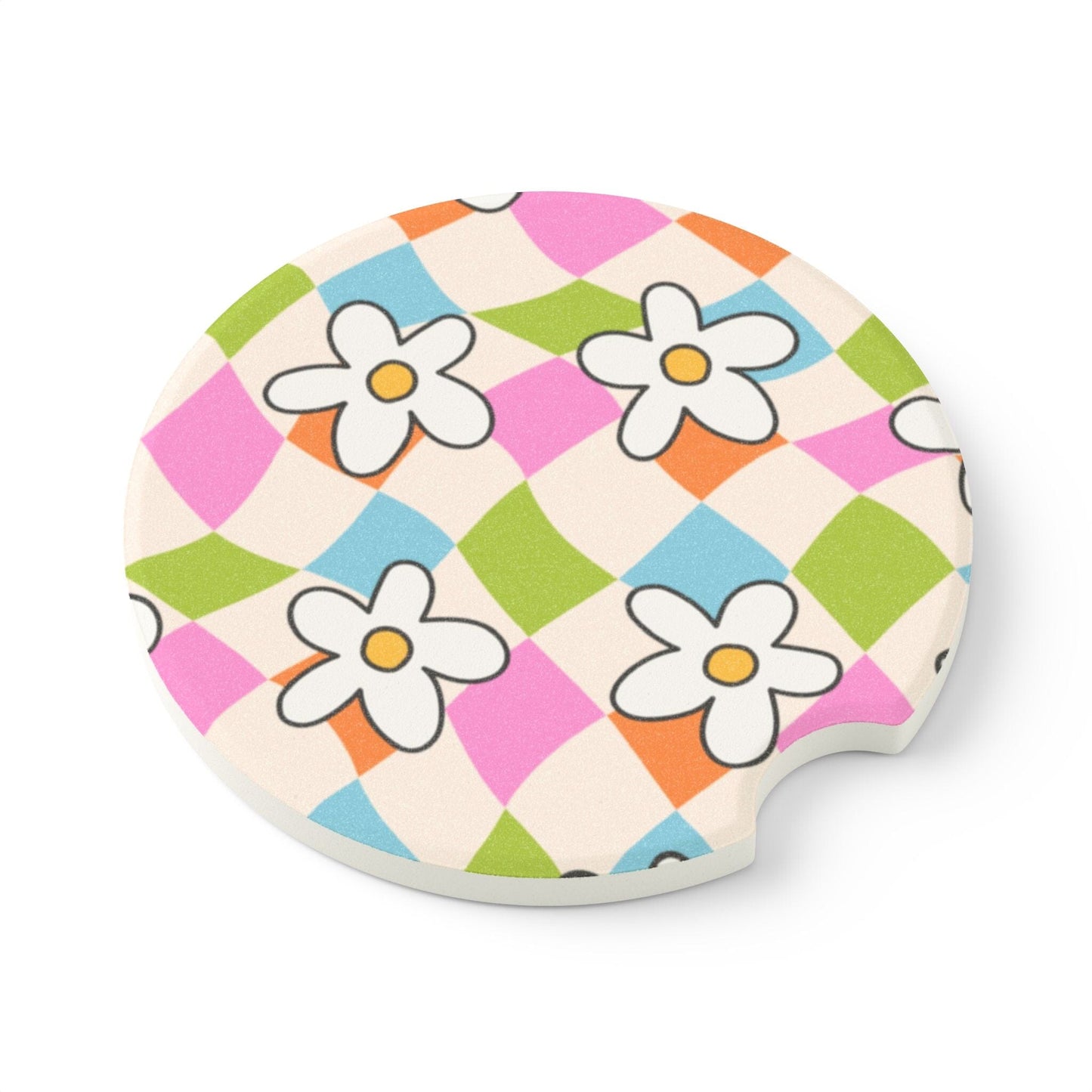 Wavy Checkered Daisy Car Coaster, Coconut Girl Summer Decor • Cute Car Accessories Home Decor Printify