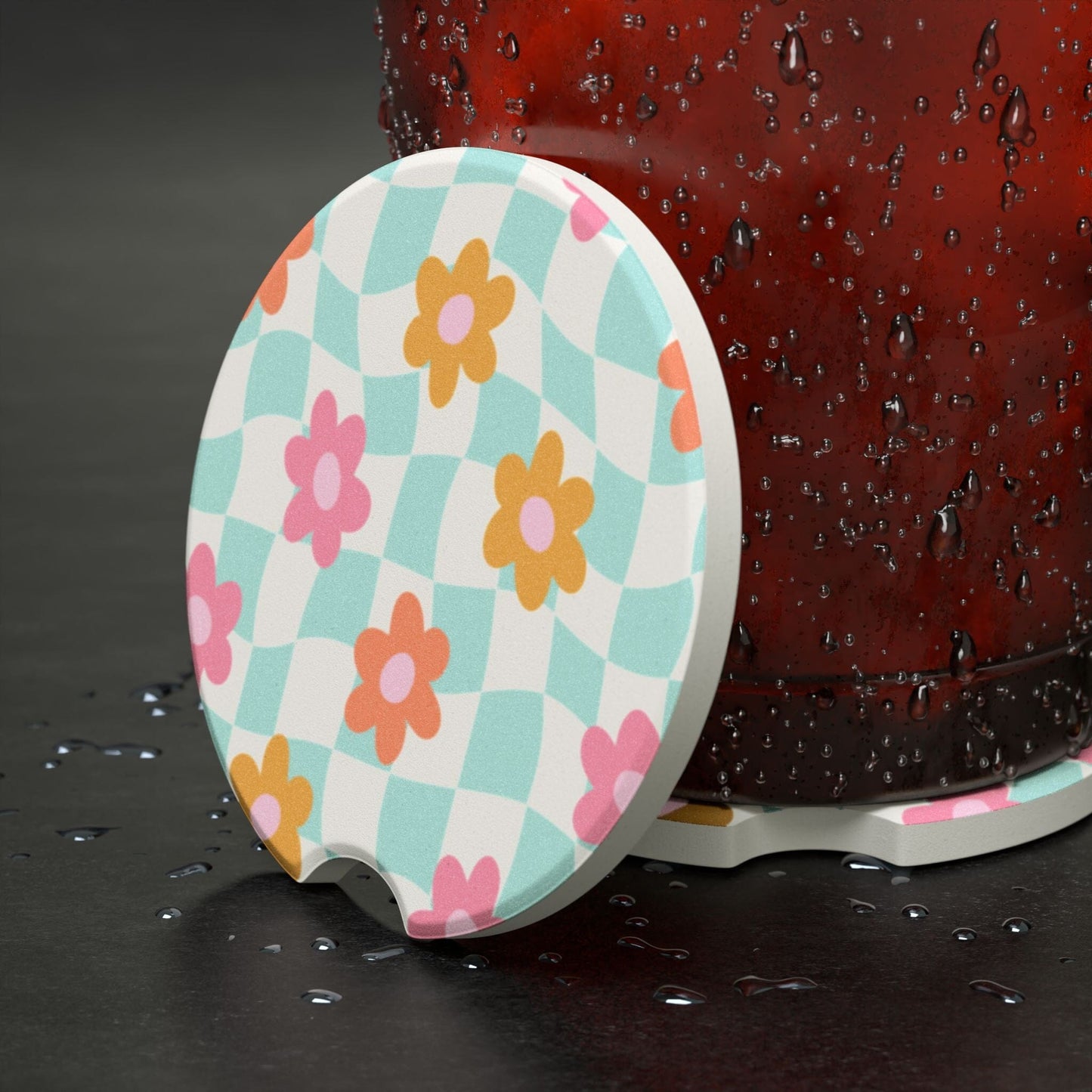 Coconut Girl Checkered Daisy Car Coaster, Retro Flower Design • Cute Car Accessories Home Decor Printify