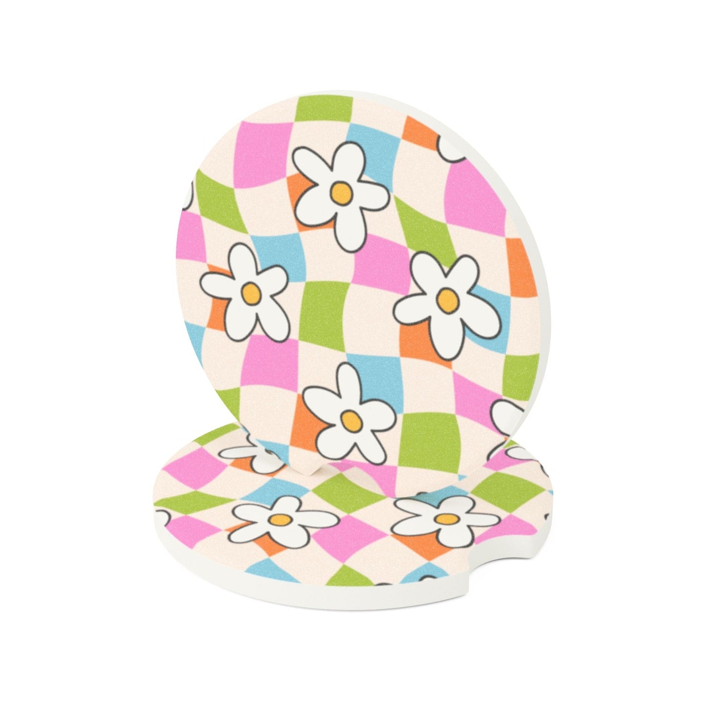 Wavy Checkered Daisy Car Coaster, Coconut Girl Summer Decor • Cute Car Accessories Home Decor Printify 2.6'' × 2.6" 2pcs
