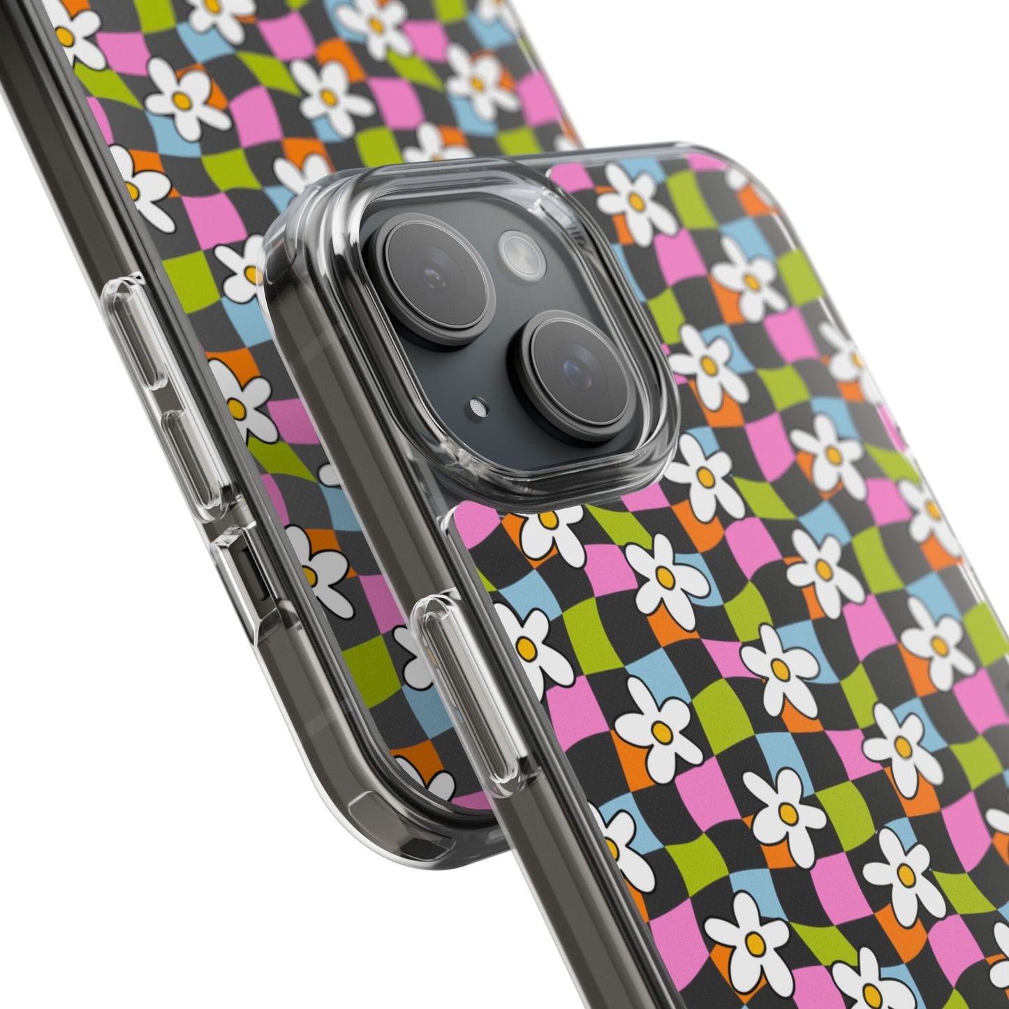Trendy y2k Aesthetic iPhone Cases, Clear Phone Case • Checkered Daisy Phone Case Designed to fit most iPhone and Samsung Models Phone Case Printify